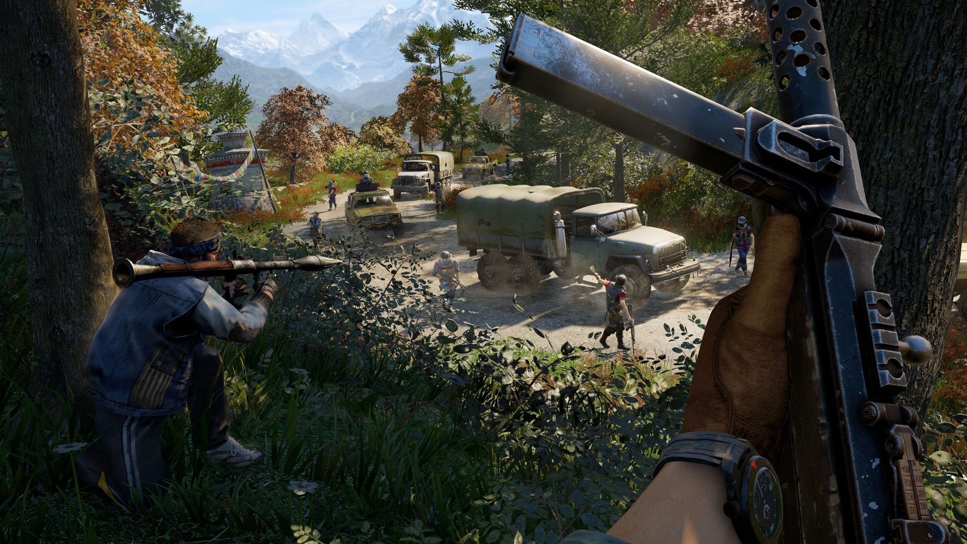 Far Cry 4 gameplay, Golden Path rebel with RPG-7, Royal Army military convoy ambush, Full HD Desktop wallpaper