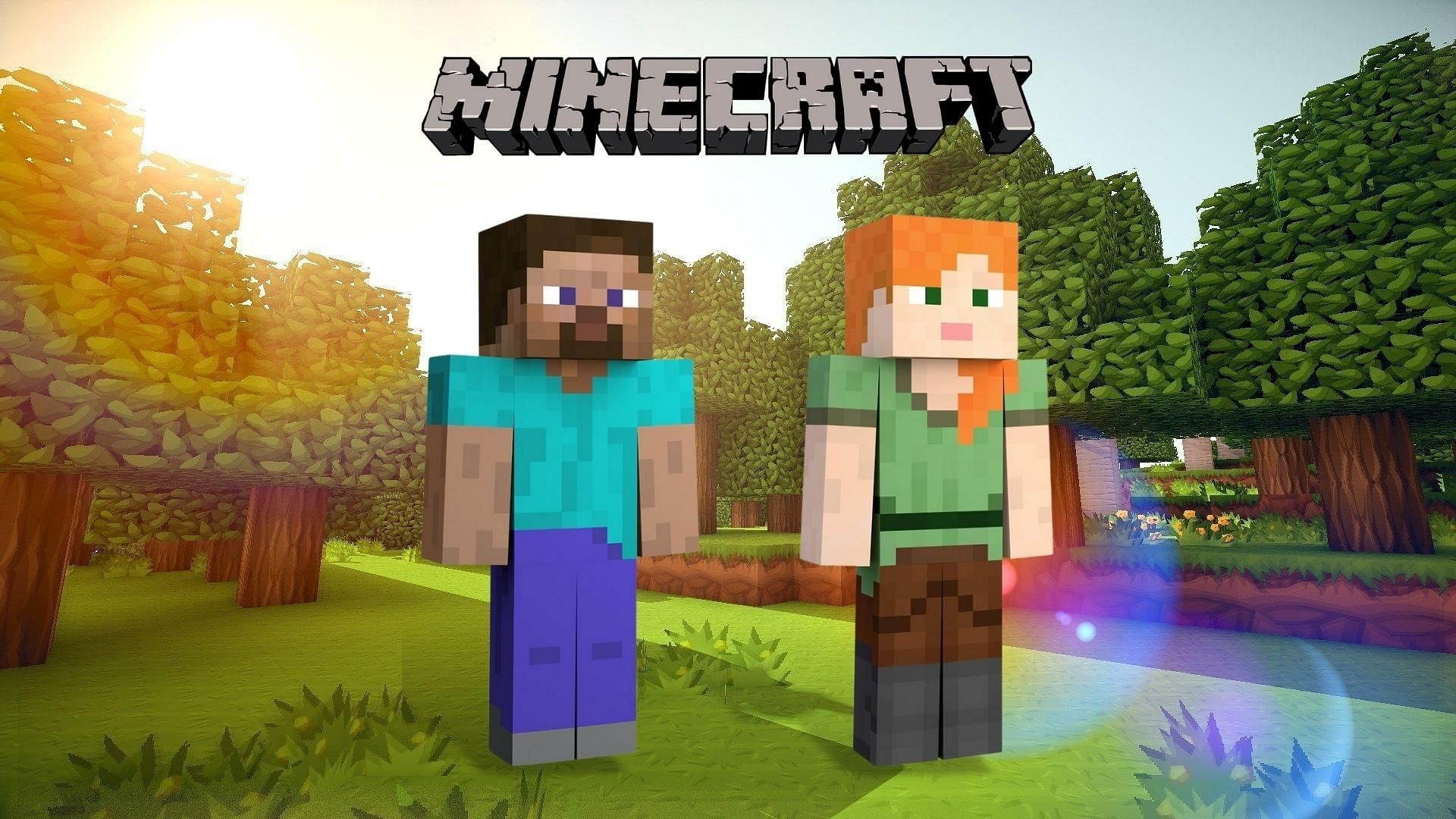 Steve, Alex, Minecraft logo, Blocky forest biome, Full HD Desktop wallpaper