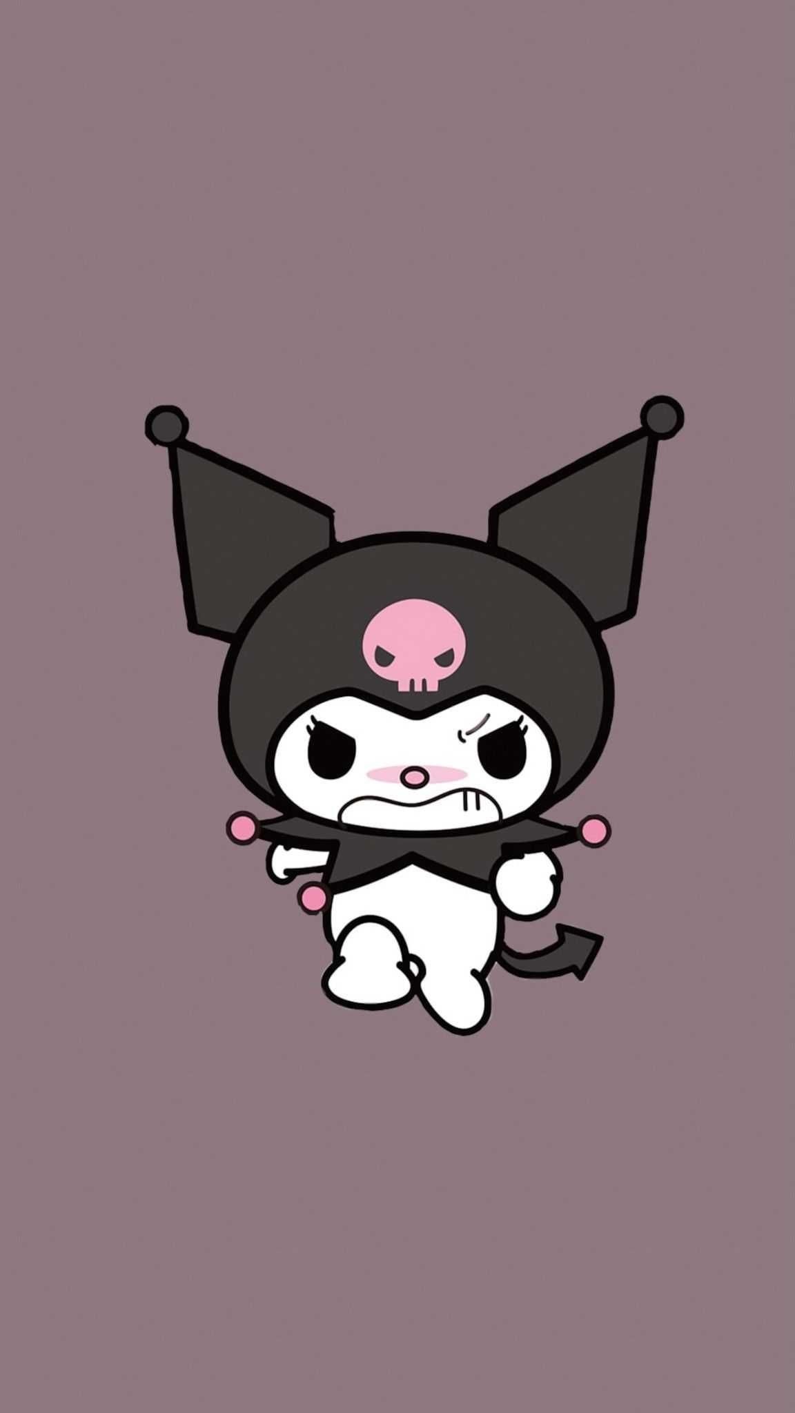 Kuromi, pink skull emblem, black devil tail, HD Phone wallpaper