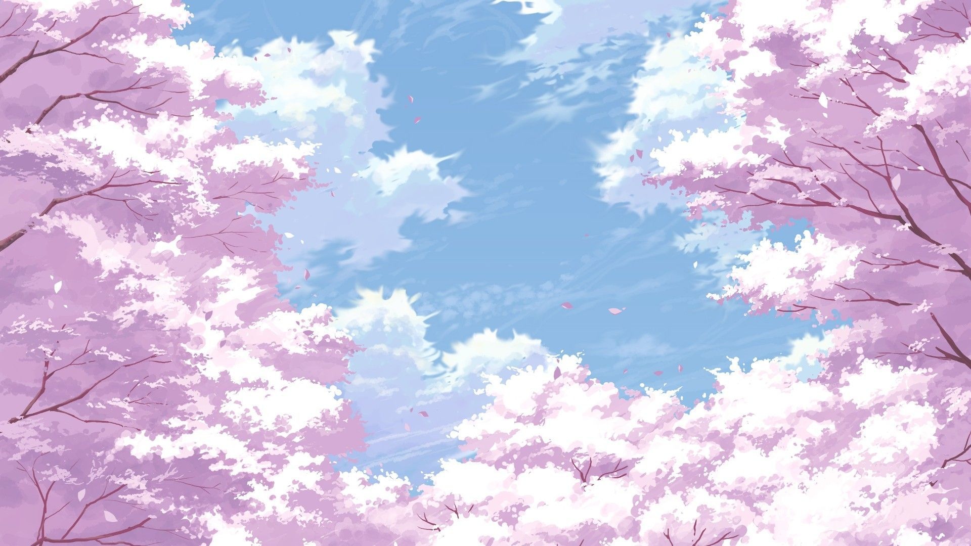 Blooming cherry blossom canopy, Pastel blue anime sky, Falling sakura petals, Full HD Desktop wallpaper