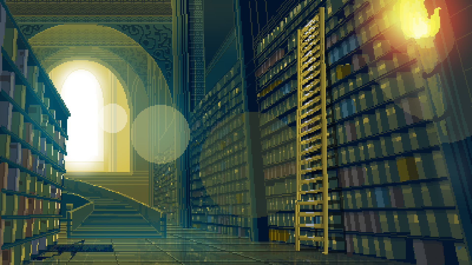 tall library ladder, towering bookshelves, glowing arched window, Full HD Desktop wallpaper