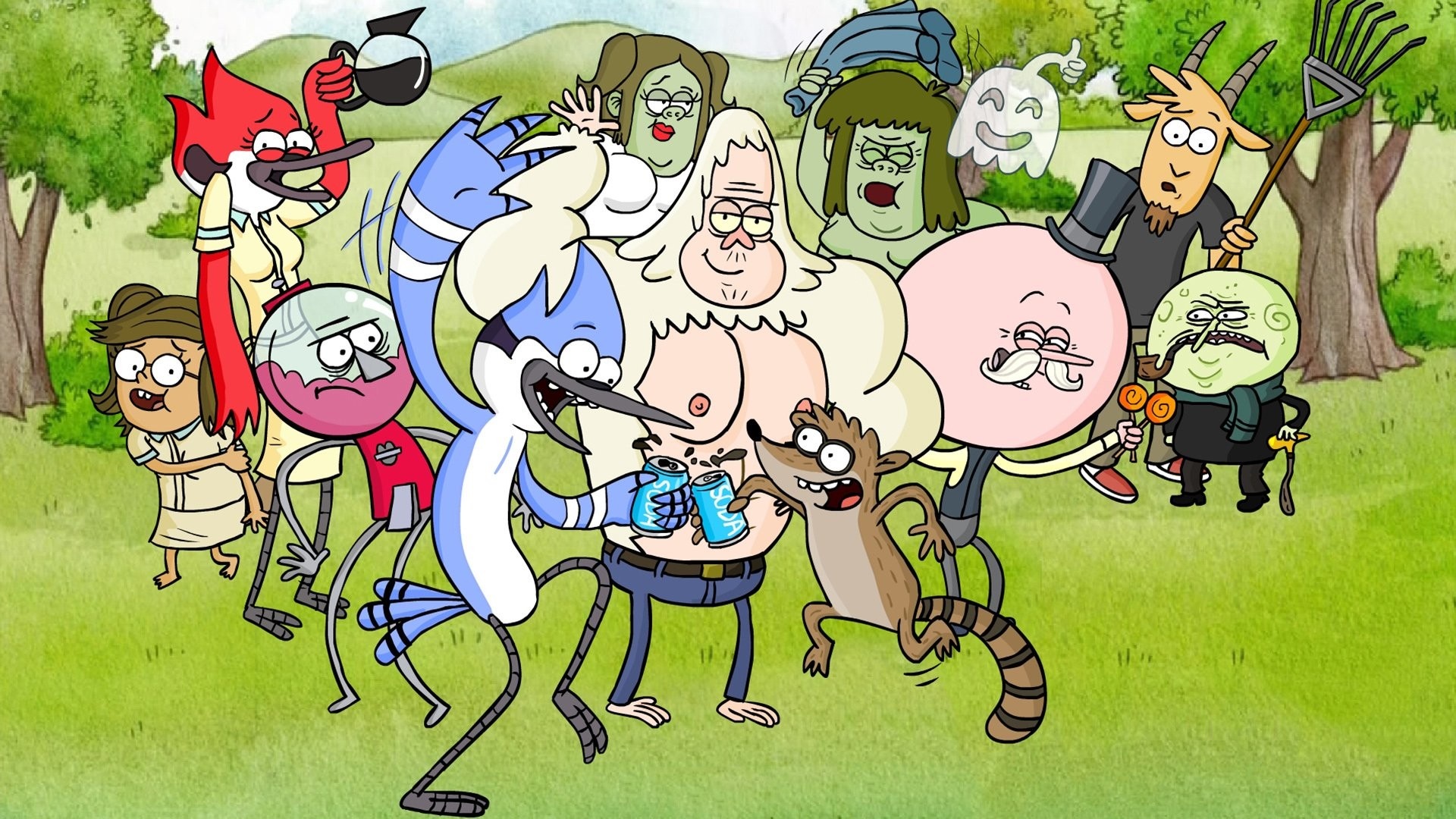 Mordecai holding soda cans, Rigby cheering, Skips the yeti, Margaret with coffee pot, Regular Show, Full HD Desktop wallpaper