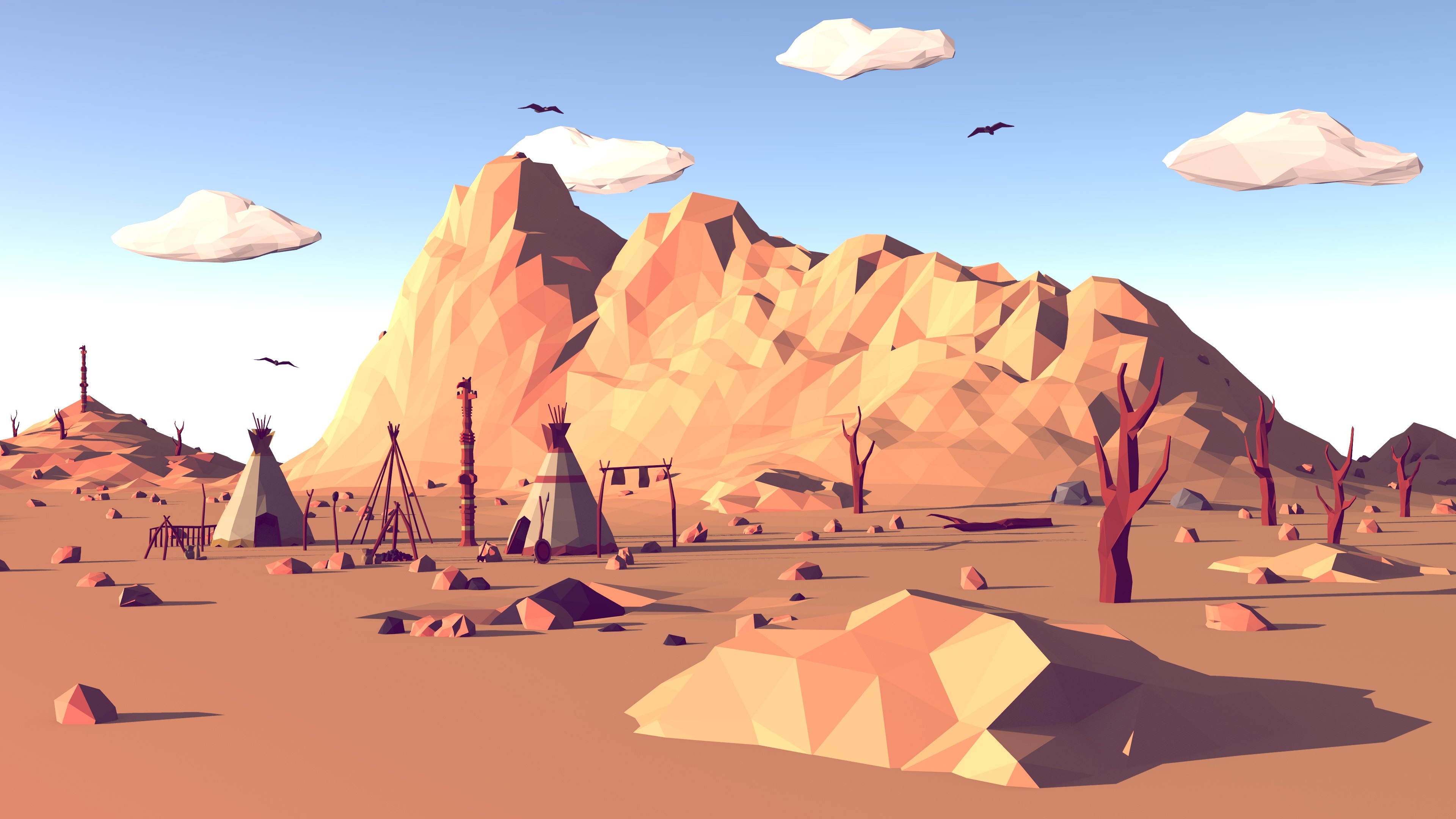low poly teepees, low poly desert mountain, low poly totem pole, 4K Desktop wallpaper