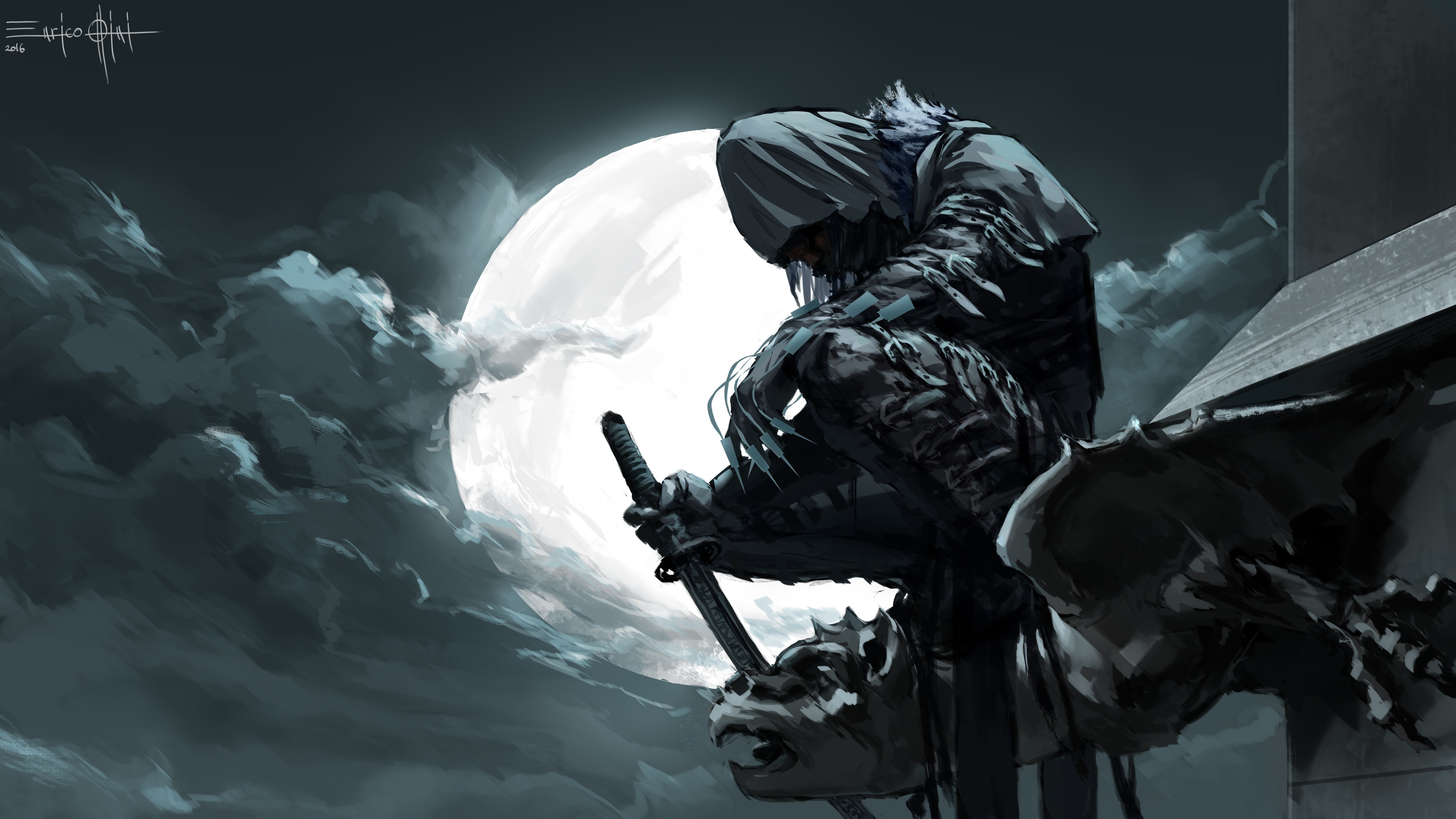 Hooded shinobi with katana, Stone rooftop gargoyle, Luminous full moon sky, 4K Desktop wallpaper