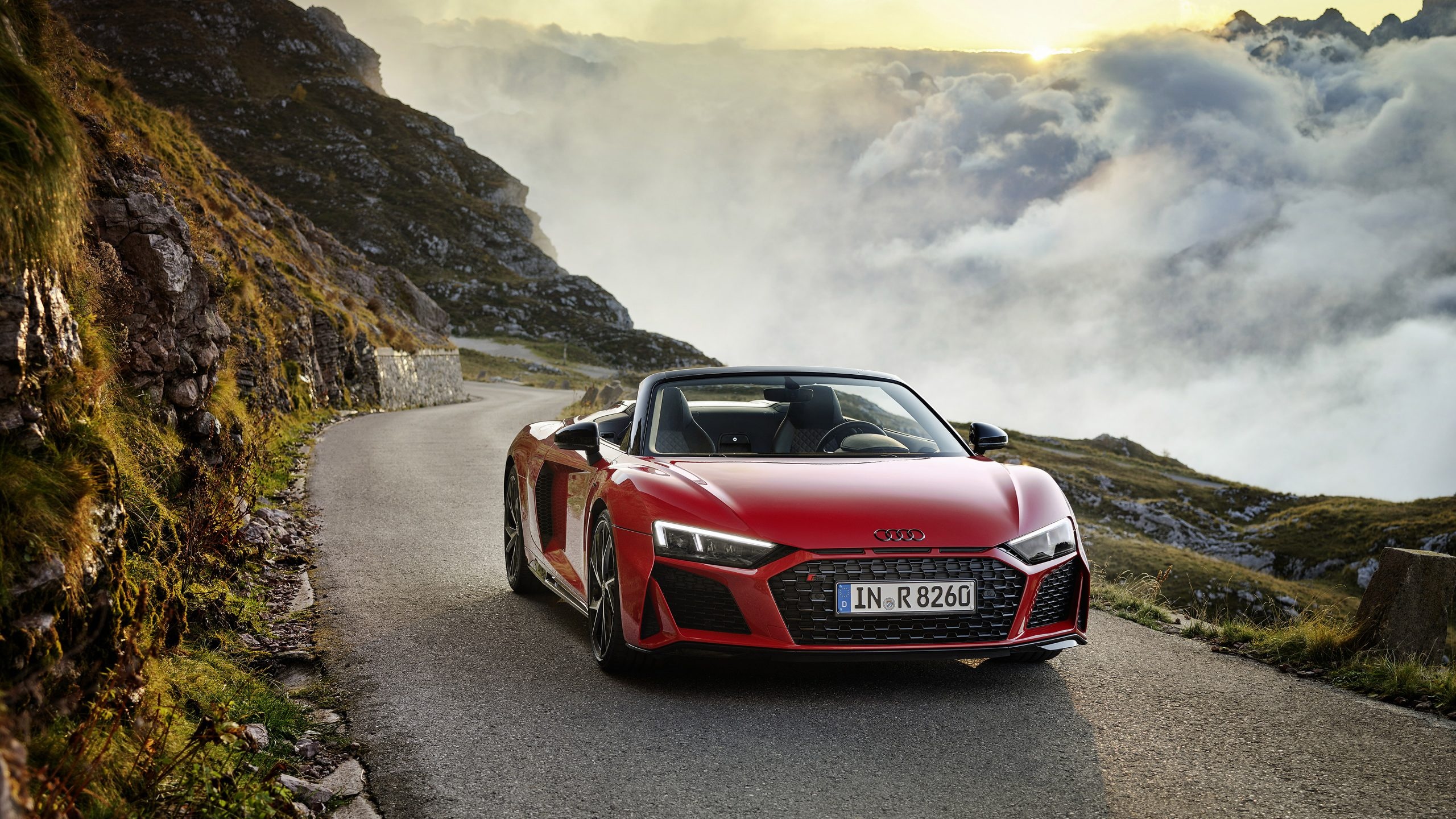 Audi R8 Spyder, winding mountain pass, sea of clouds, HD Desktop wallpaper