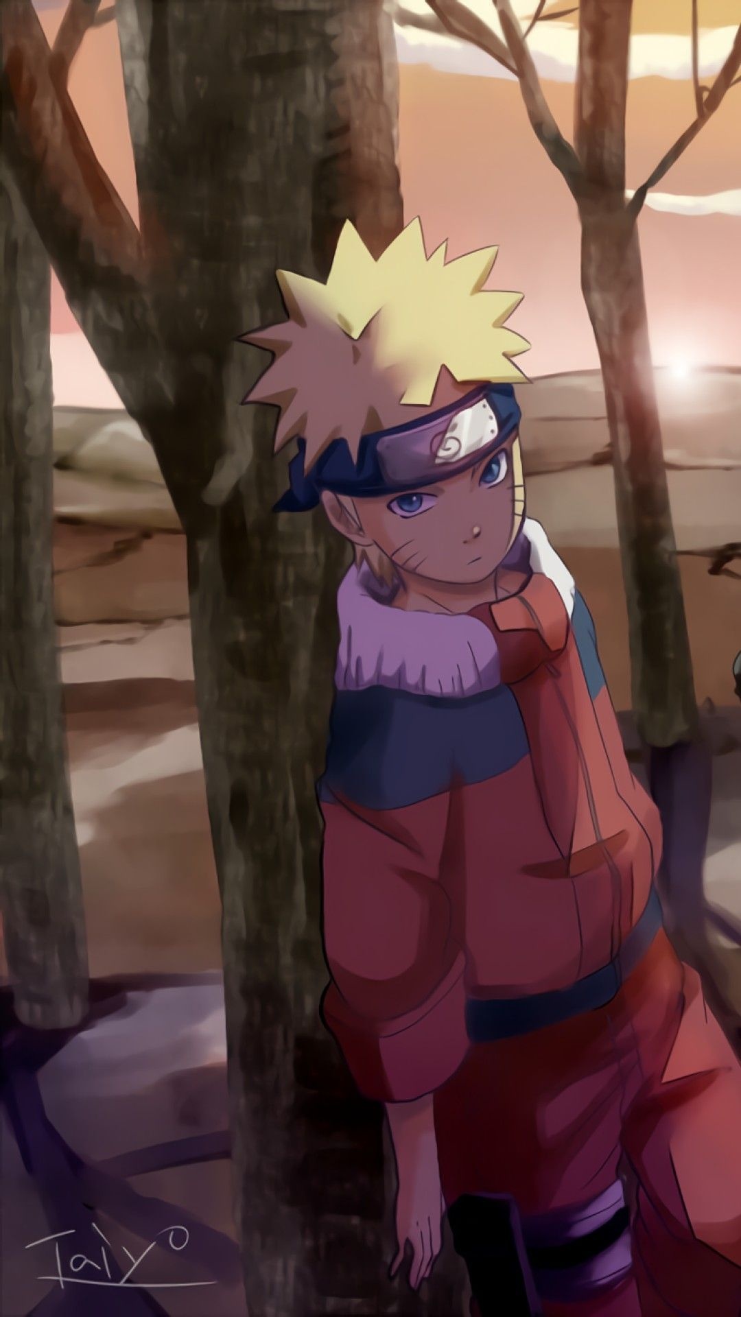 Naruto Uzumaki, Leaf Village headband, sunset forest, Full HD Phone wallpaper
