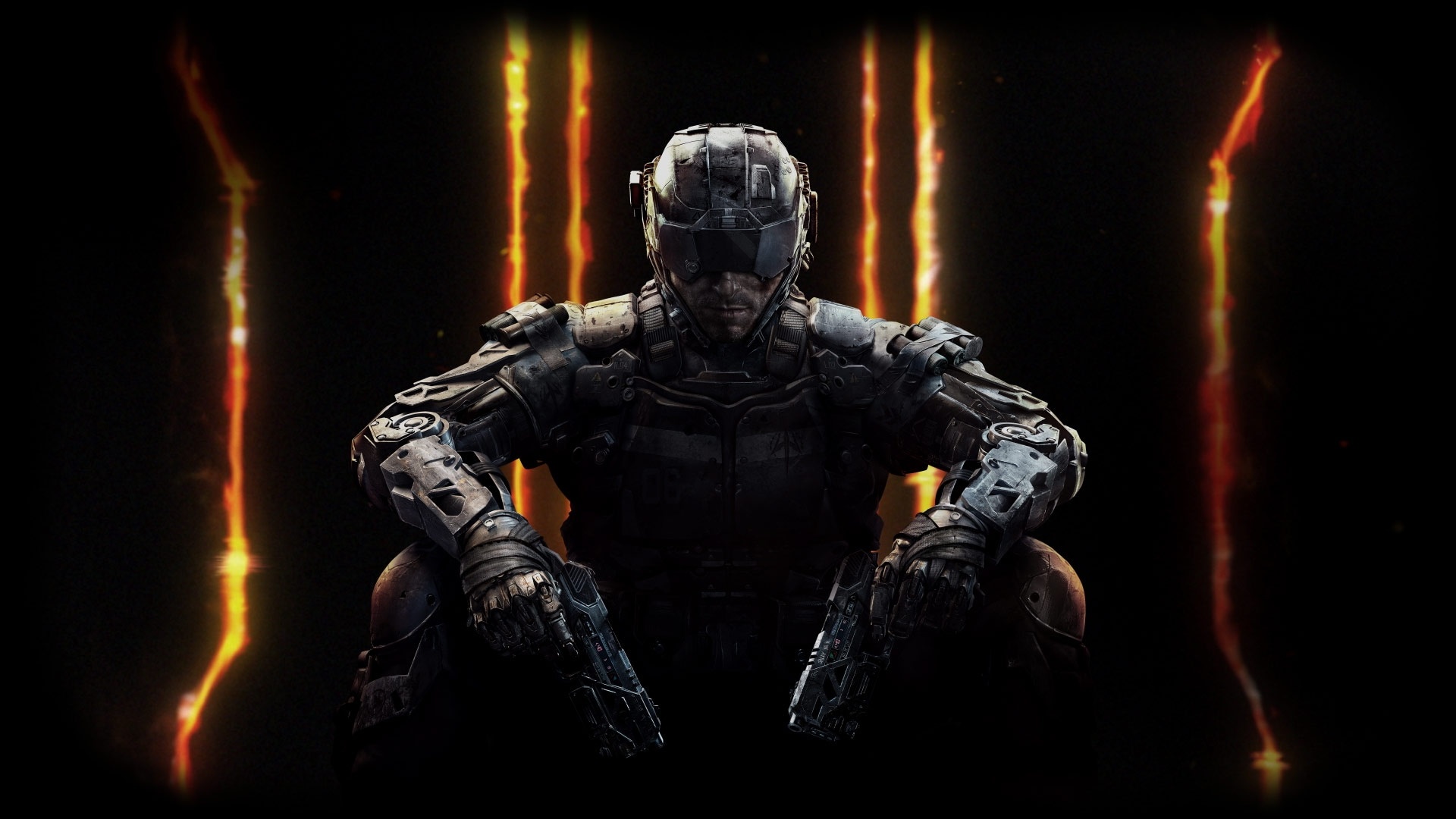 Call of Duty: Black Ops III soldier, Glowing Roman numeral III, Dual wielded handguns, Full HD Desktop wallpaper