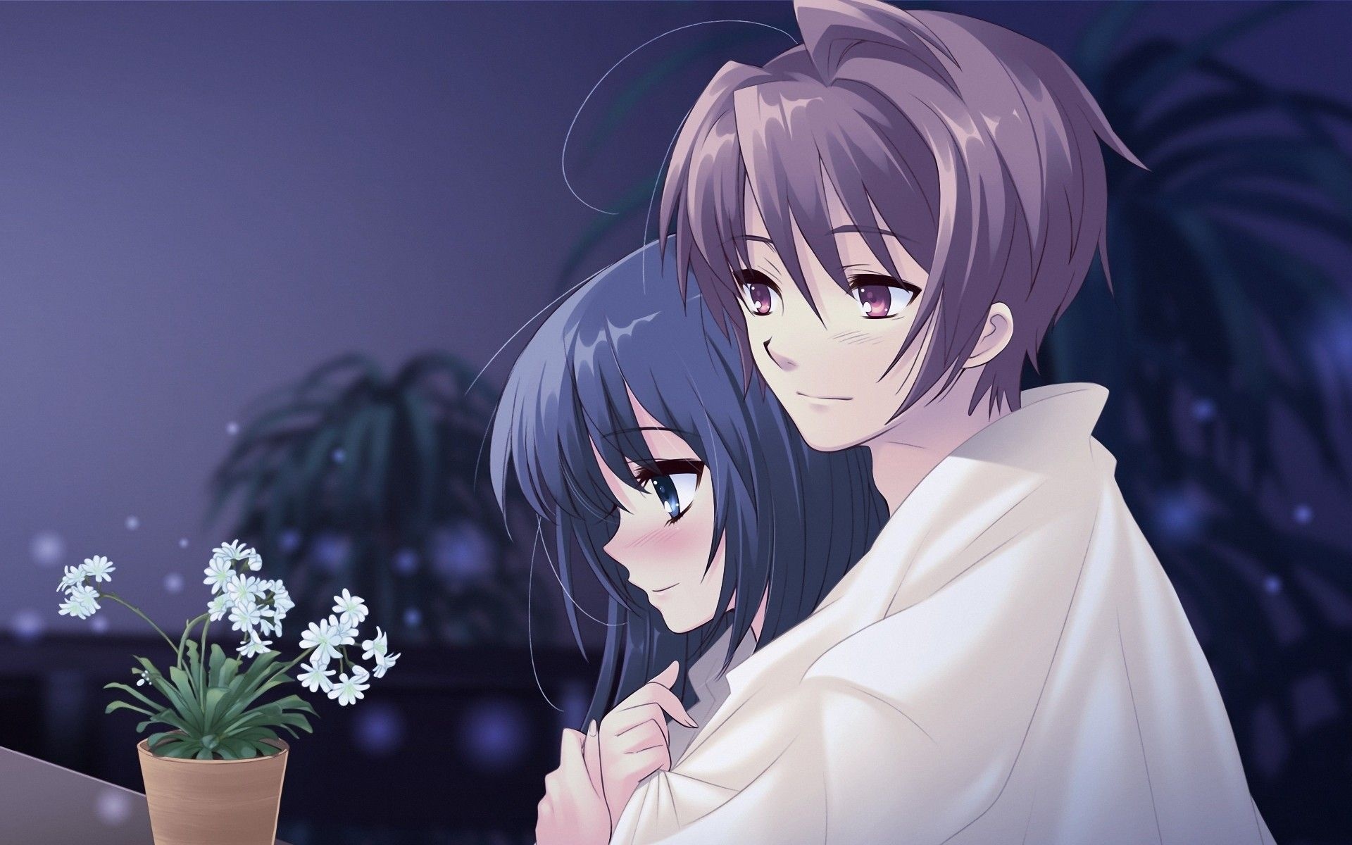embracing anime couple, potted white blossoms, shared white blanket, HD Desktop wallpaper