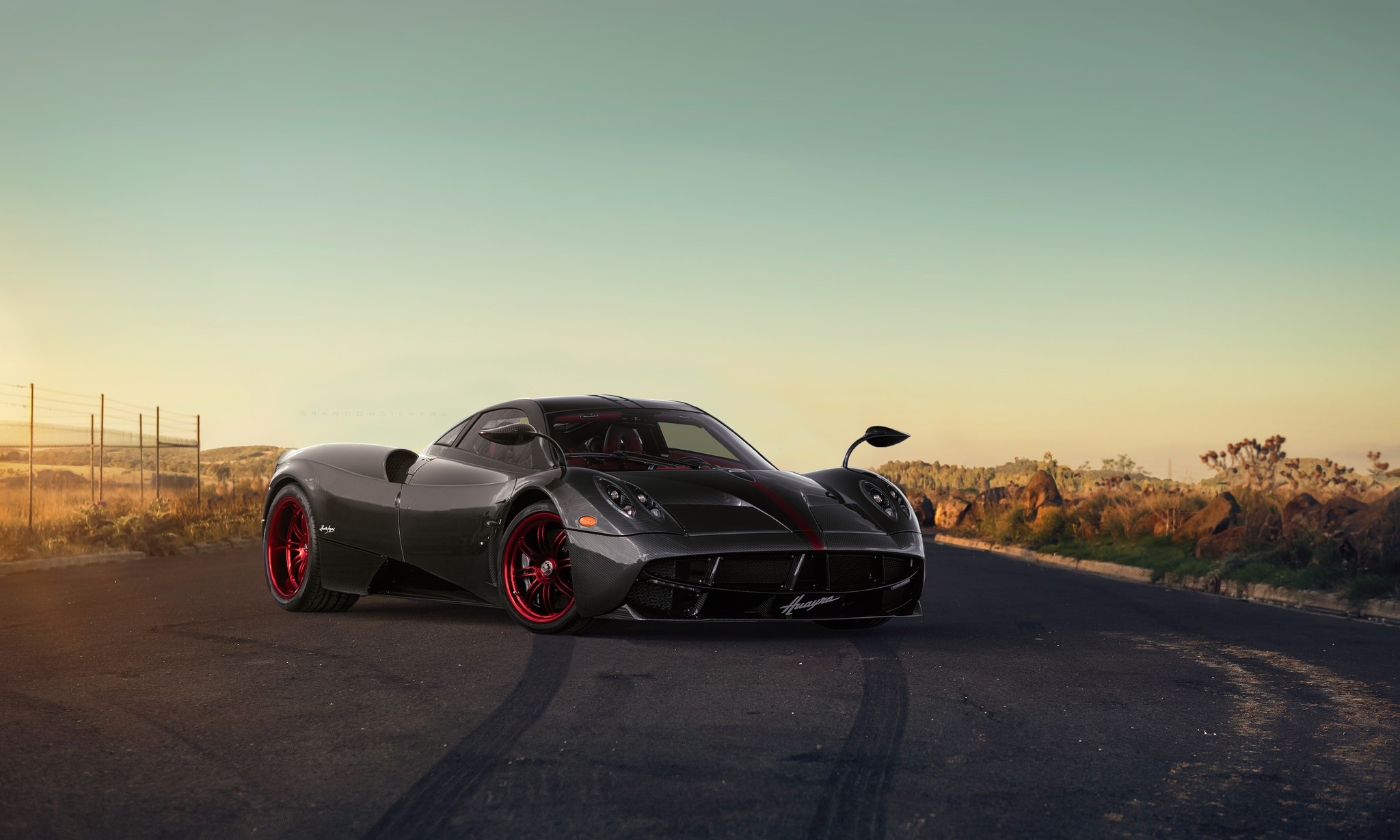 Pagani Huayra, red multi-spoke wheels, asphalt road skid marks, HD Desktop wallpaper