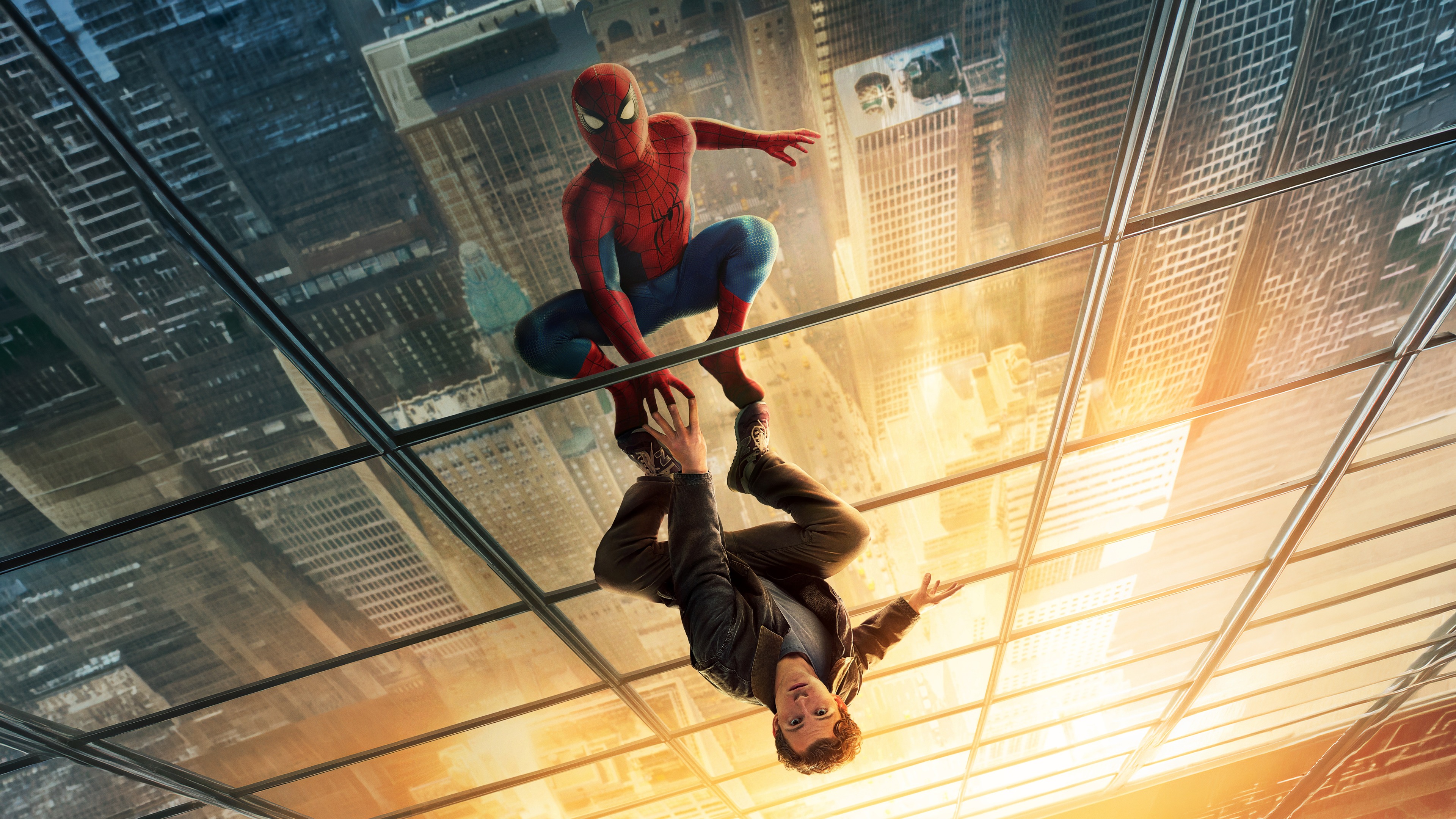 Homecoming, Inverted mirrored reflection, Golden sunset cityscape, Crouching on glass panel, 4K Desktop wallpaper