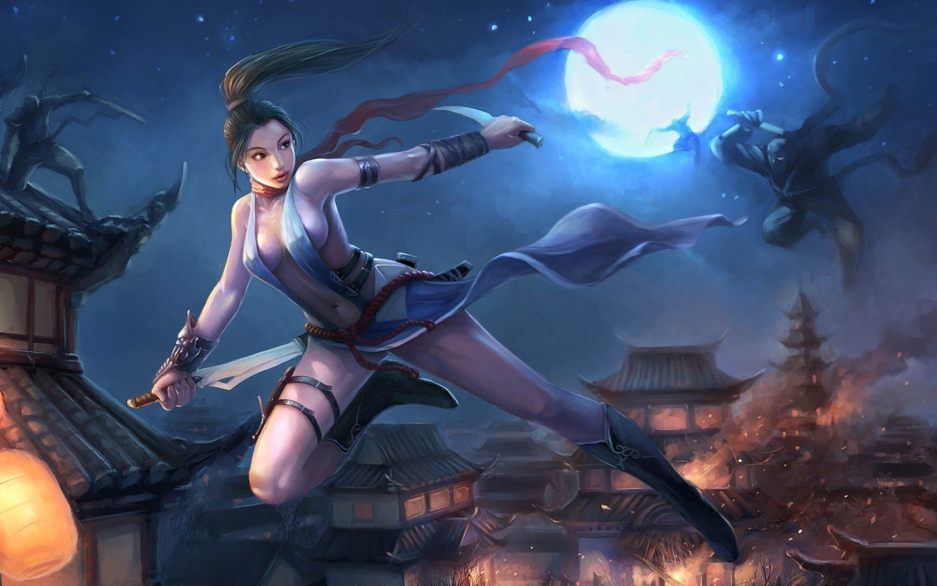 Leaping kunoichi warrior, Traditional pagoda rooftops, Glowing full moon, HD Desktop wallpaper