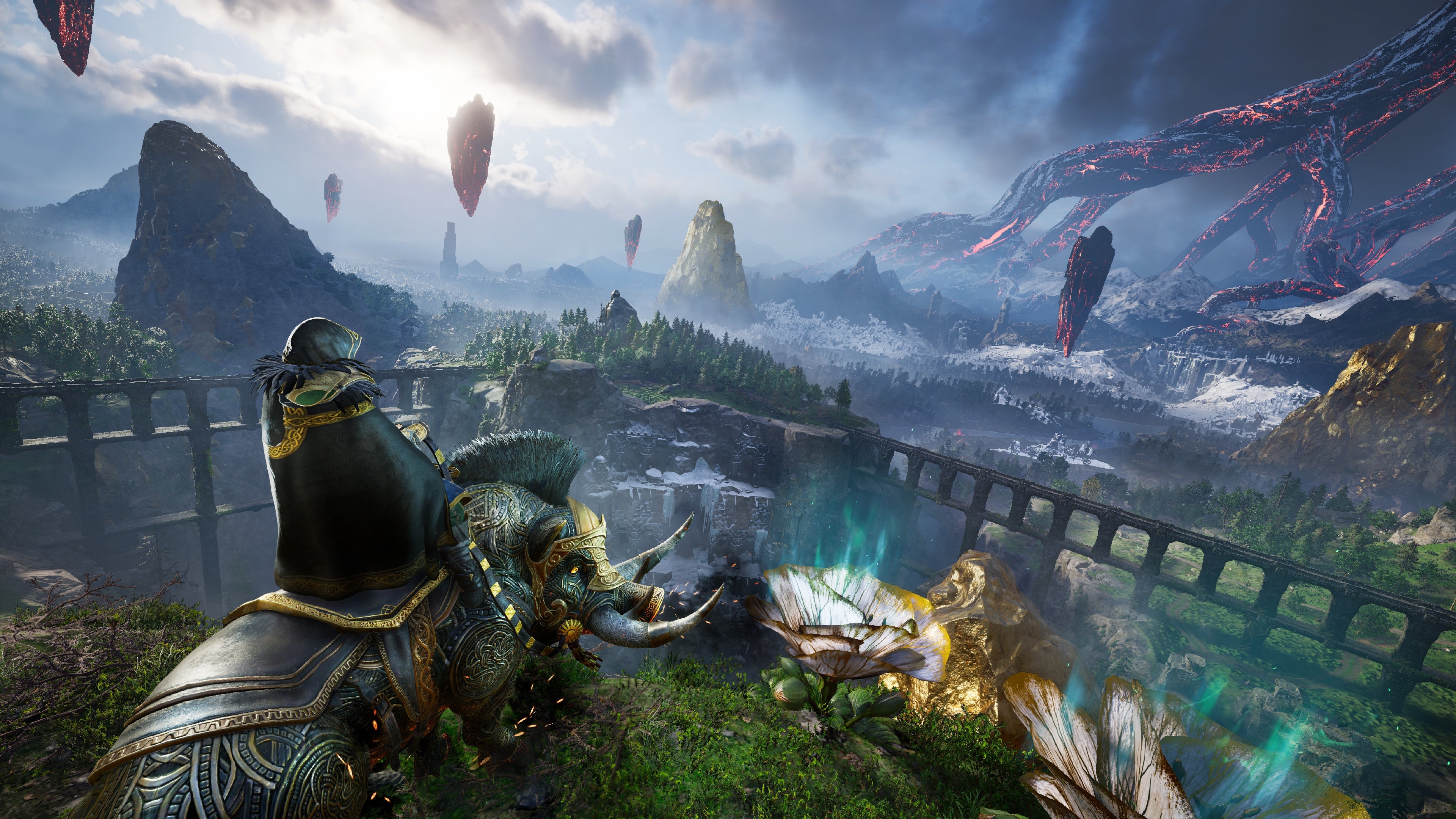 Assassin's Creed Valhalla: Dawn of Ragnarök, Havi on armored mount, Svartalfheim floating monoliths, 4K Desktop wallpaper