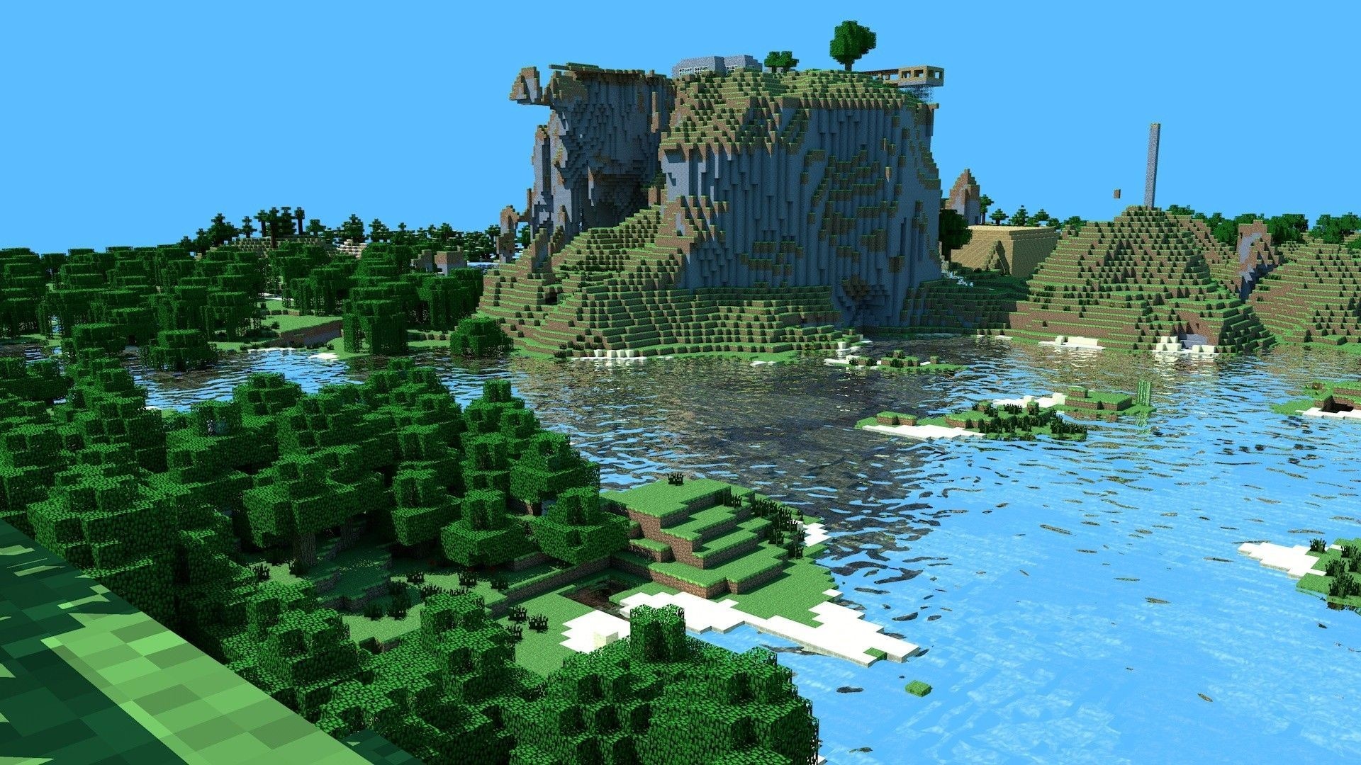 Minecraft water shader reflections, Minecraft mountain cliff, Minecraft oak forest, Full HD Desktop wallpaper