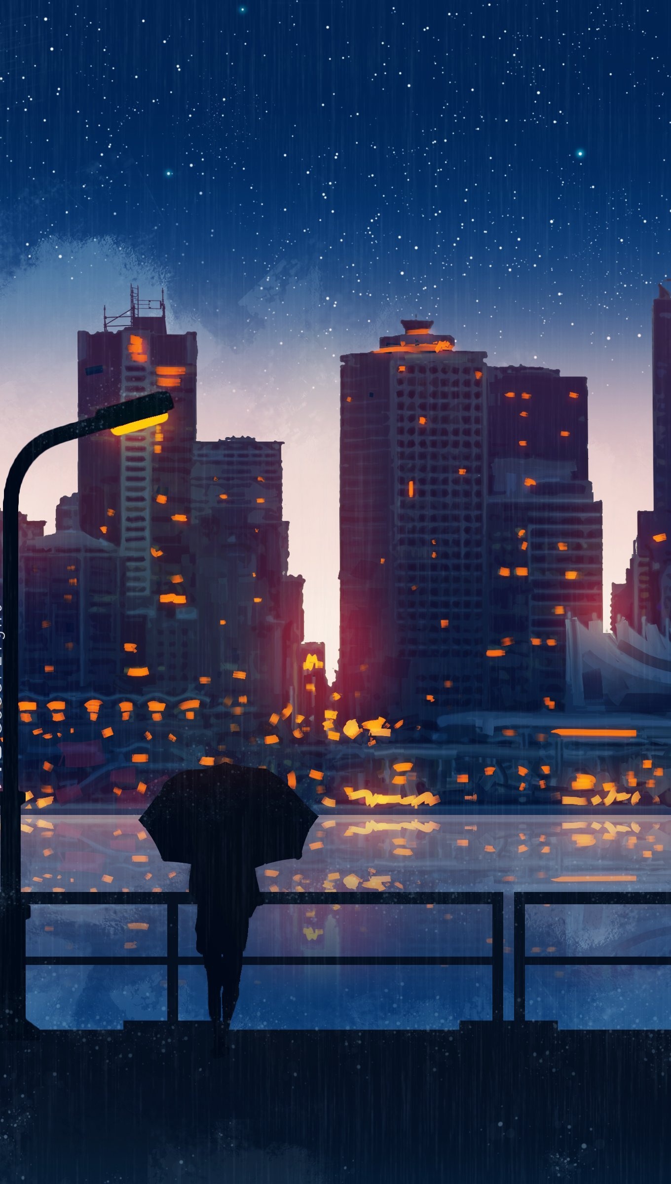 Vancouver skyline silhouette, person holding umbrella, rainy night waterfront, HD Phone wallpaper