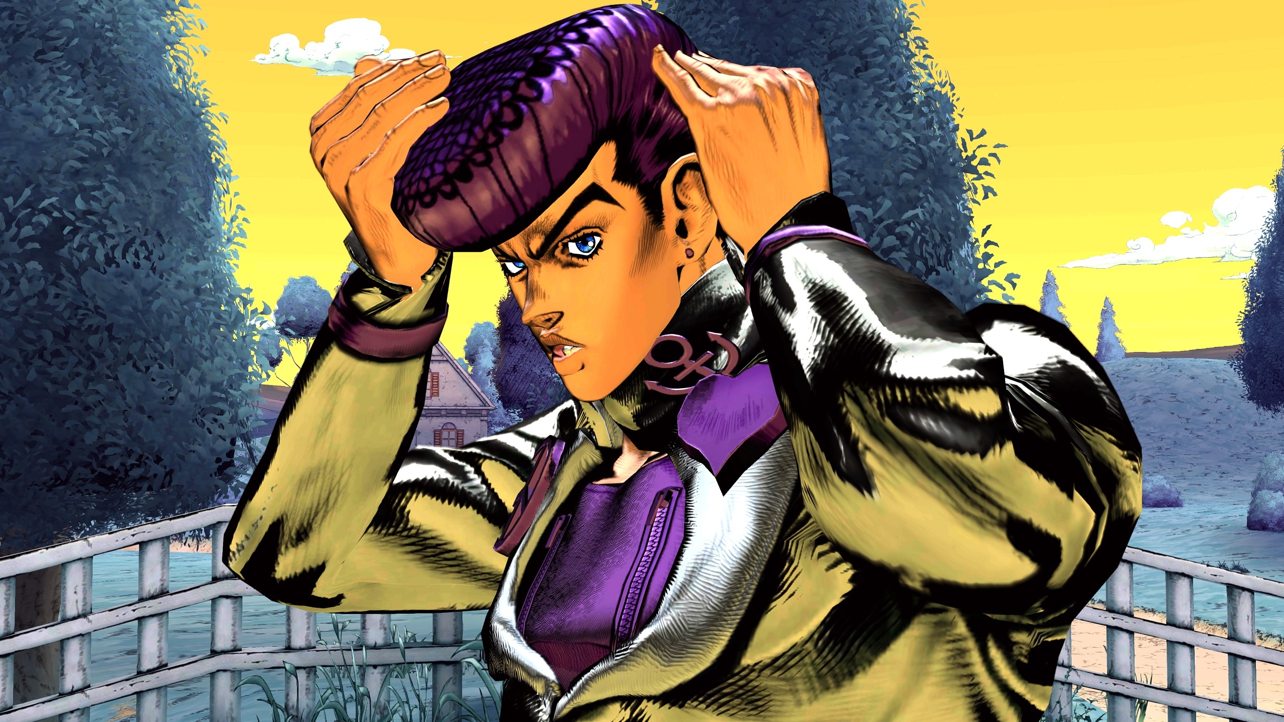 Josuke Higashikata, purple pompadour hairstyle, yellow Morioh sky, HD Desktop wallpaper