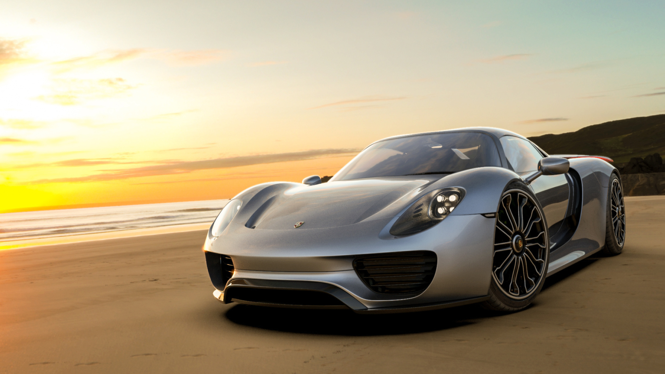 Porsche 918 Spyder, Sandy beach coastline, Golden hour ocean sunset, HD Desktop wallpaper