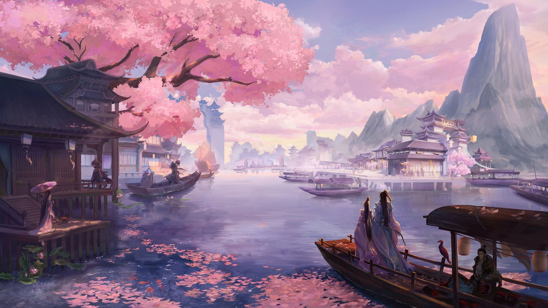 Blooming cherry blossom tree, Traditional Chinese riverboats, Ancient water town pavilion, Floating cherry blossom petals, Full HD Desktop wallpaper
