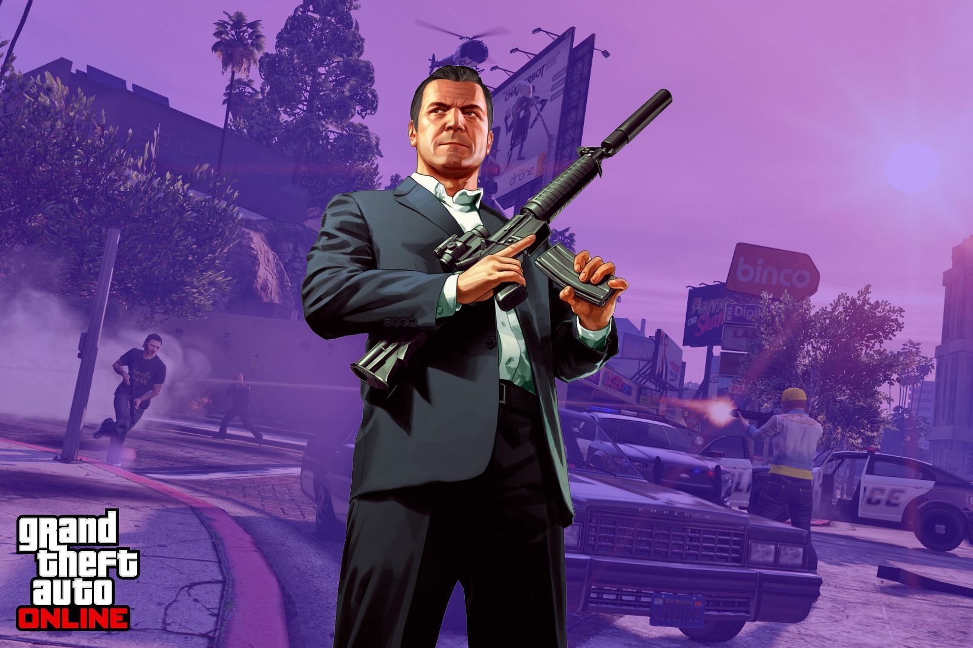 Michael De Santa in black suit, Grand Theft Auto Online logo, Suppressed carbine rifle, Police cruisers on street, HD Desktop wallpaper