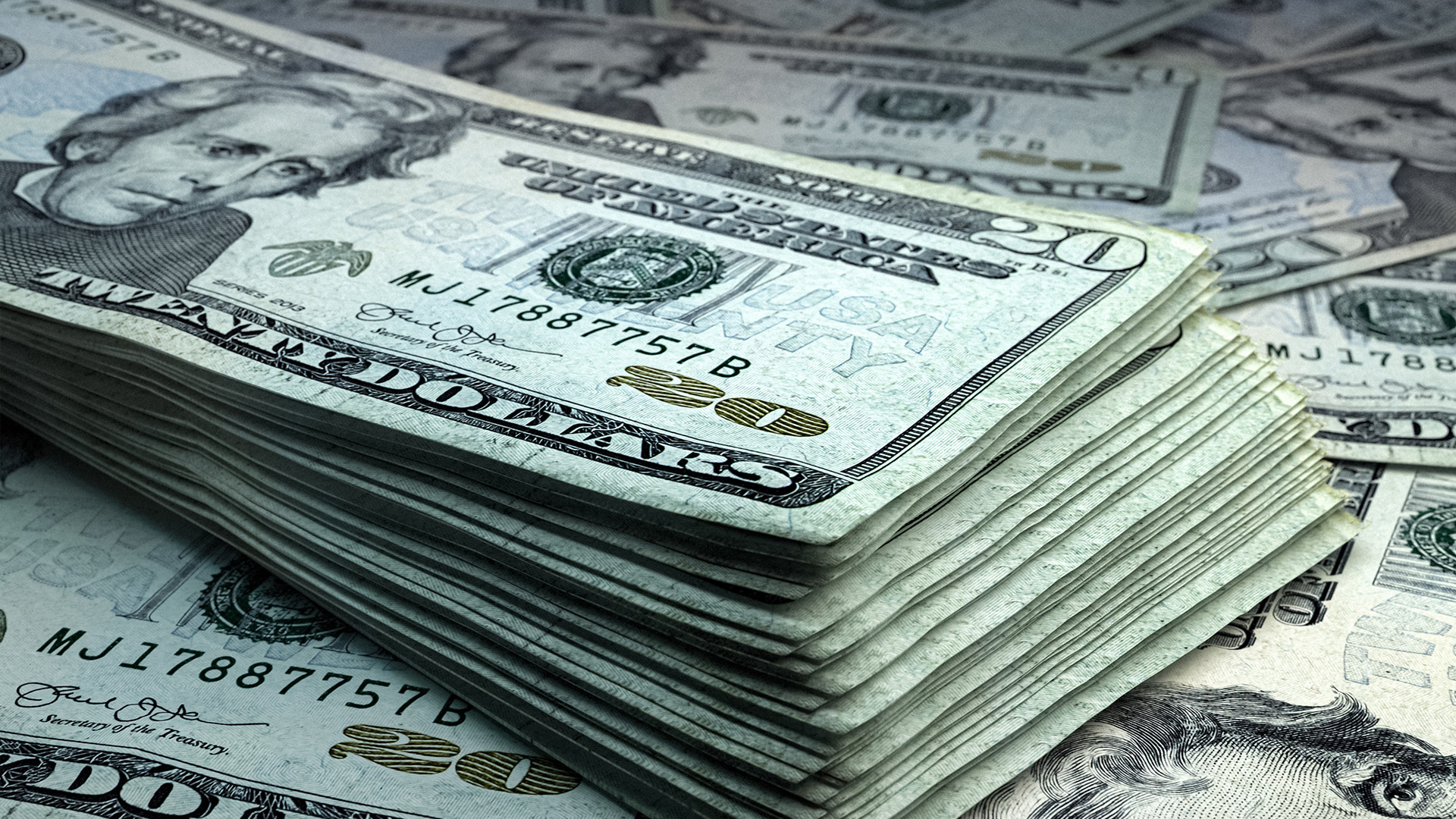 US twenty-dollar bills stack, Andrew Jackson portrait, Scattered United States currency, Full HD Desktop wallpaper