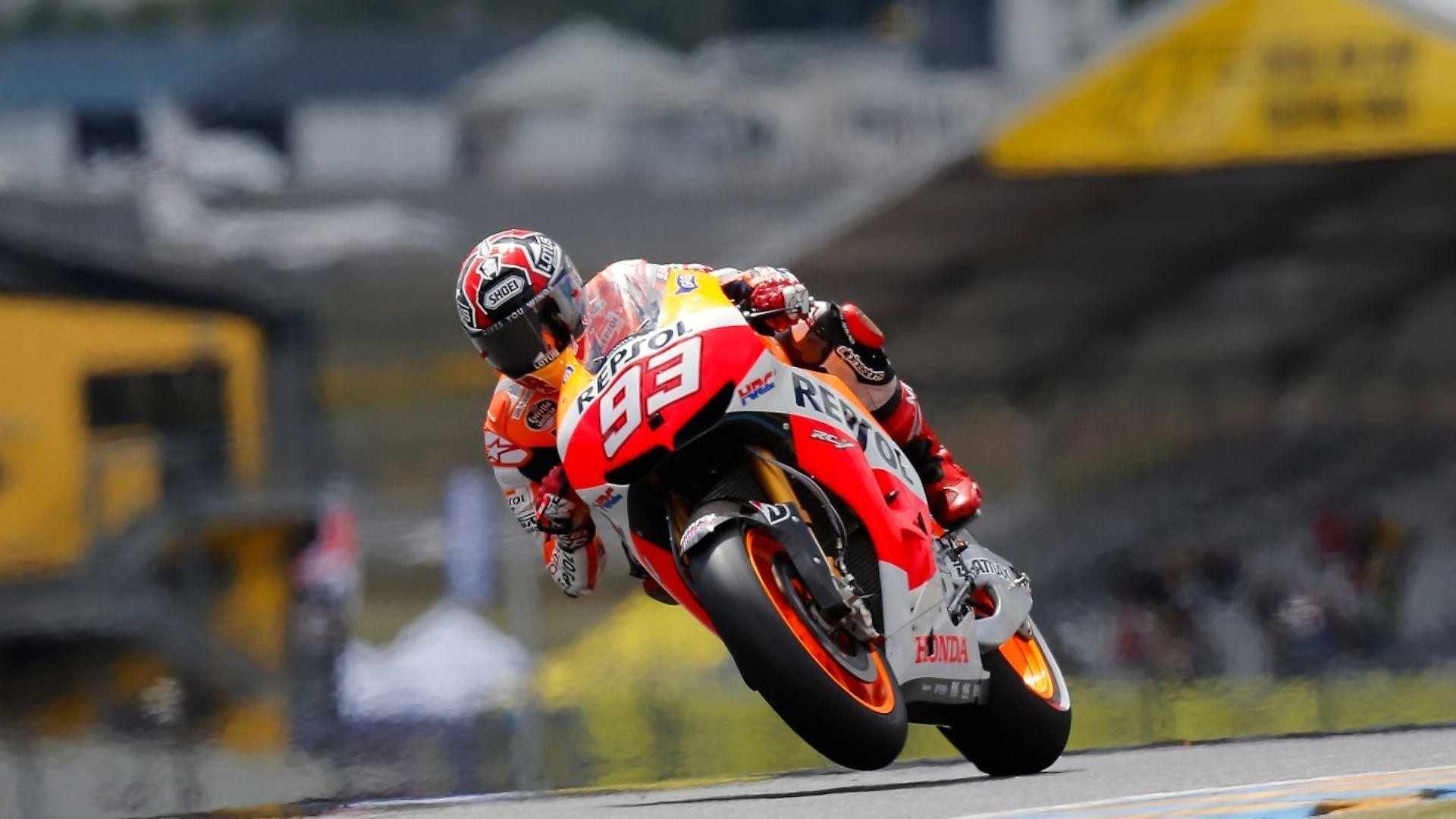 Marc Marquez number 93, Repsol Honda RC213V, MotoGP wheelie past grandstand, Full HD Desktop wallpaper