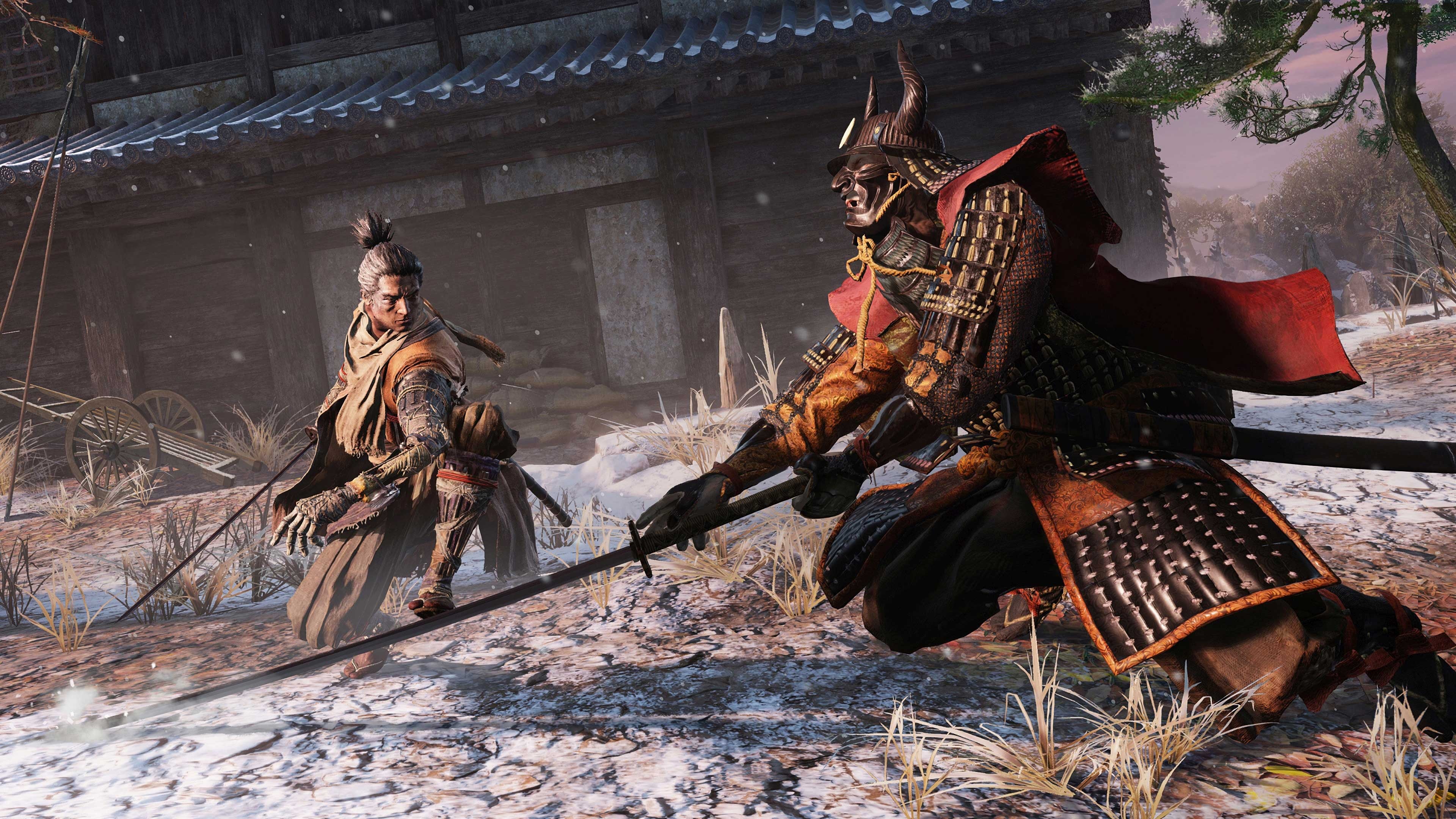 Wolf, Ashina Samurai General, snowy Ashina Outskirts courtyard, 4K Desktop wallpaper