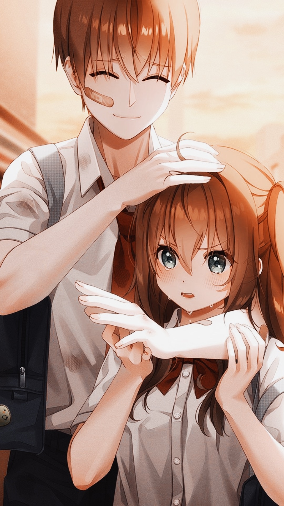 headpatting anime schoolboy, tearful anime schoolgirl, japanese school uniforms, Full HD Phone wallpaper