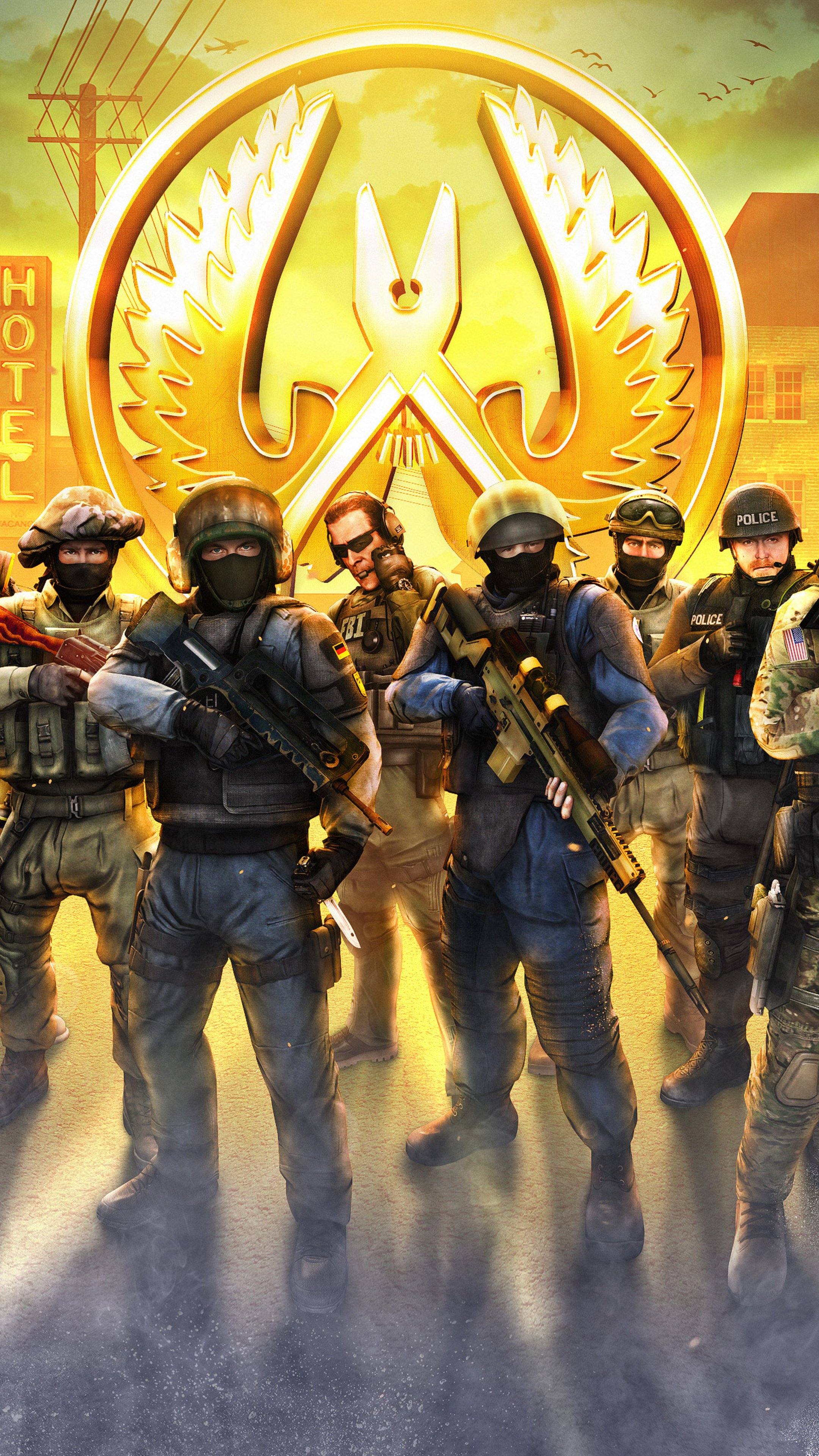 CS:GO Counter-Terrorist operatives, winged defuse kit emblem, GSG 9 operative, HOTEL sign, 4K Phone wallpaper