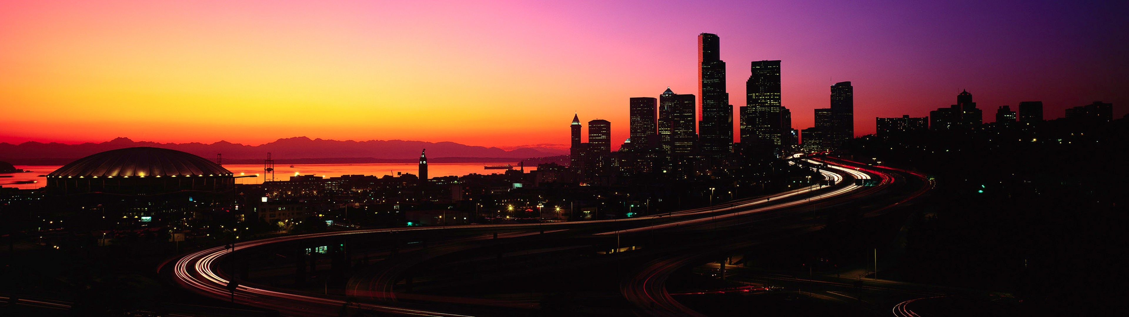 Travels, Skyline, Sunset, Dawn, 3840x1080 Dual Screen Desktop