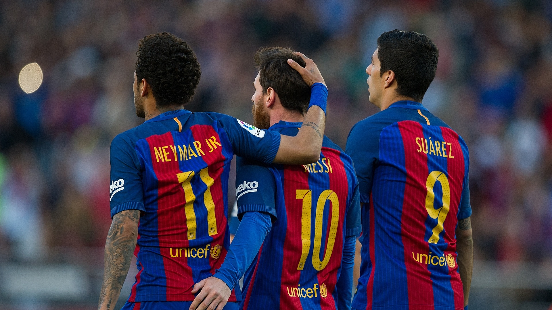 Lionel Messi, Neymar Jr, Luis Suarez, FC Barcelona kit, Full HD Desktop wallpaper