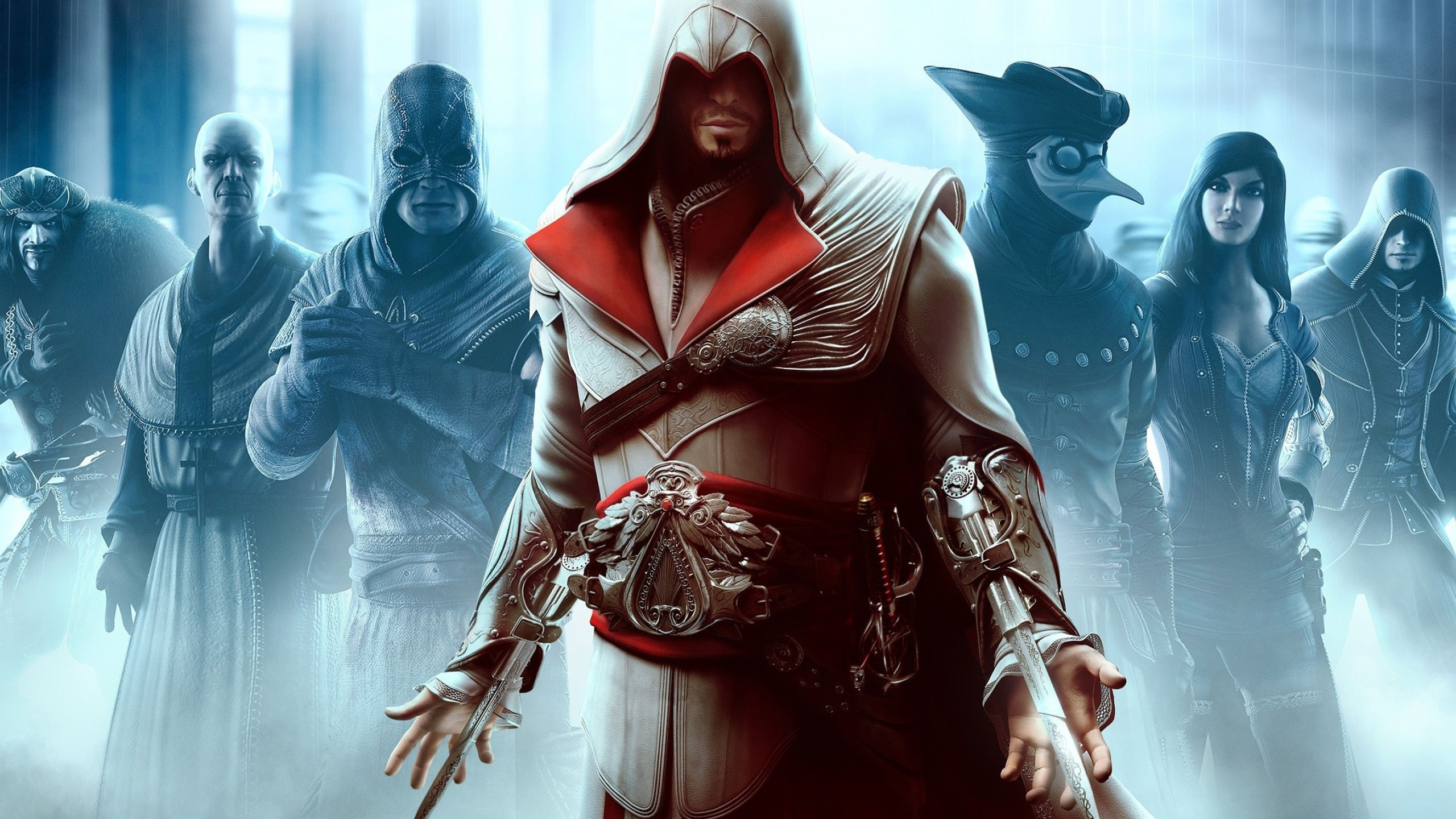 Ezio Auditore da Firenze, Assassin's Creed: Brotherhood multiplayer personas, Dual hidden blades, Plague Doctor mask, HD Desktop wallpaper
