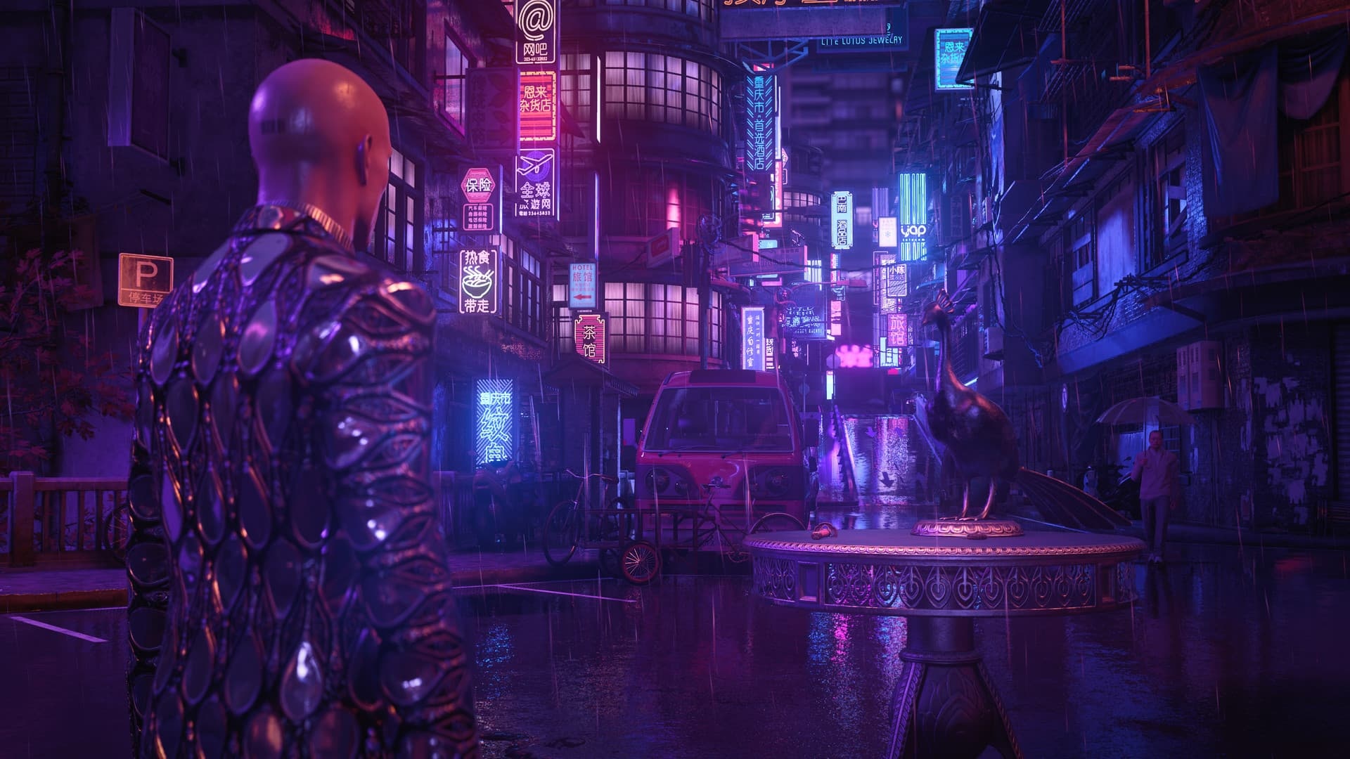 Agent 47, Chongqing neon street, Hitman 3, Full HD Desktop wallpaper