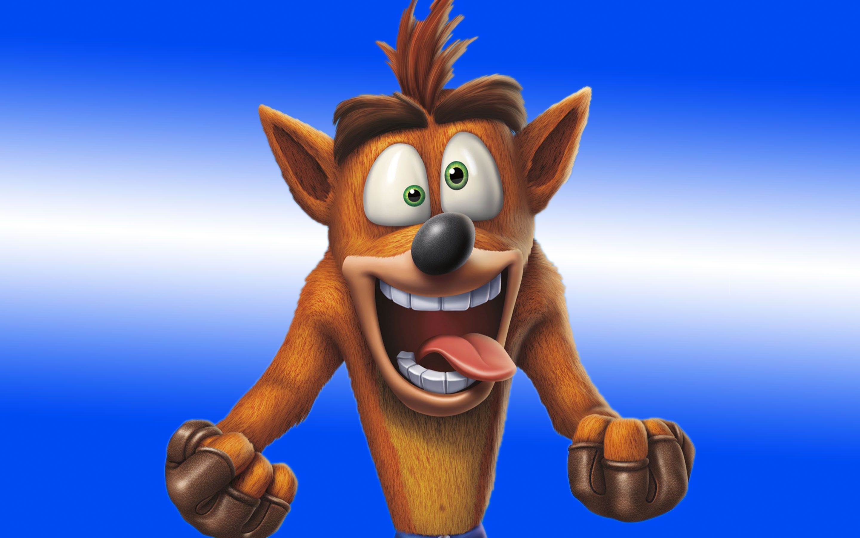 Crash Bandicoot, Goofy open-mouthed grin, Blue gradient backdrop, HD Desktop wallpaper