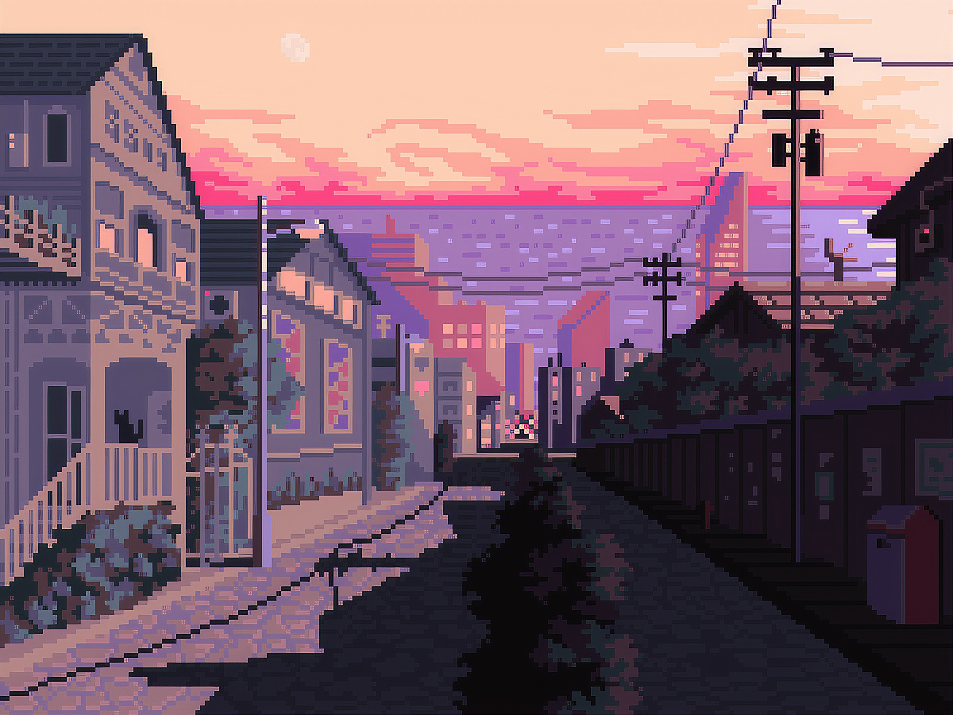 pixel art seaside street, pastel sunset ocean horizon, utility poles power lines, HD Desktop wallpaper