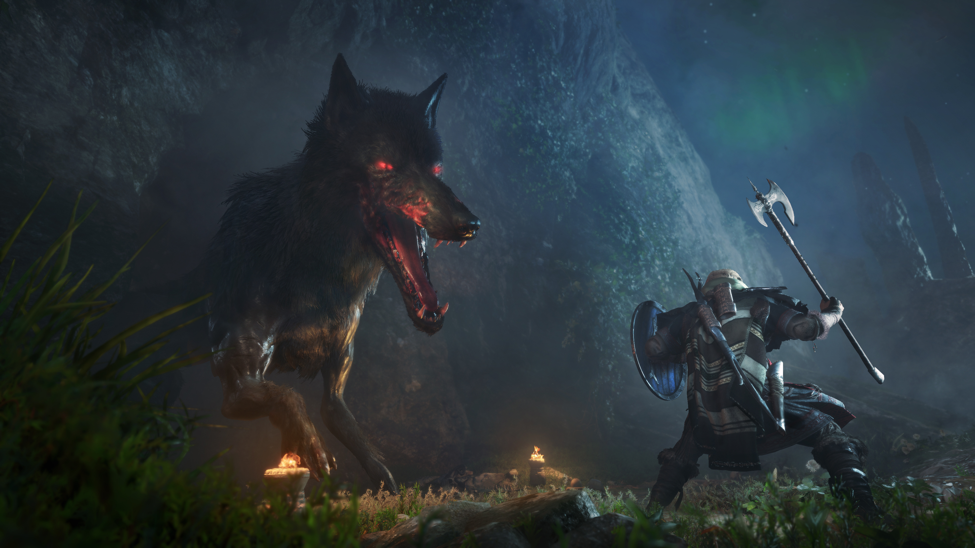 Black Shuck legendary animal, Eivor wielding battle axe, Assassin's Creed Valhalla, 4K Desktop wallpaper