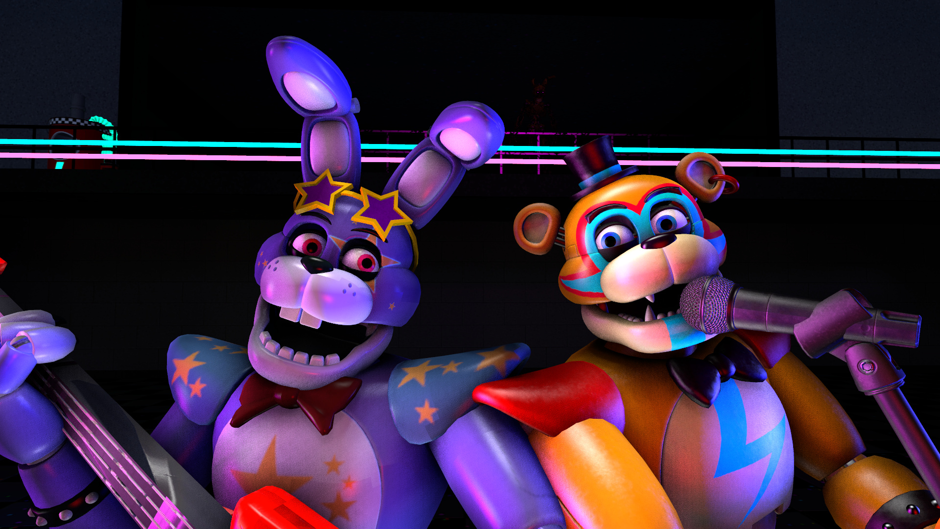 Glamrock Bonnie, Glamrock Freddy, Neon concert stage, Full HD Desktop wallpaper