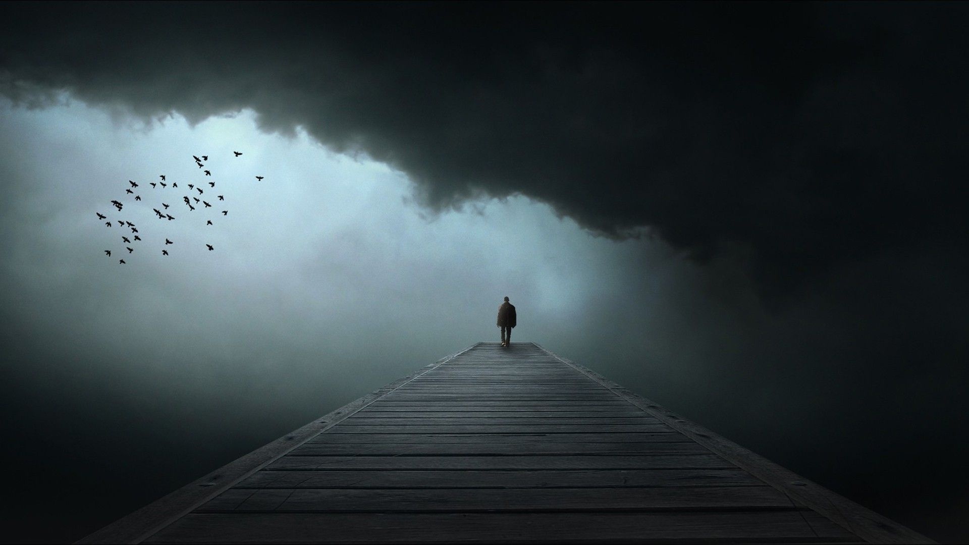 Lone figure on wooden pier, Flock of flying birds, Dark storm clouds, Full HD Desktop wallpaper