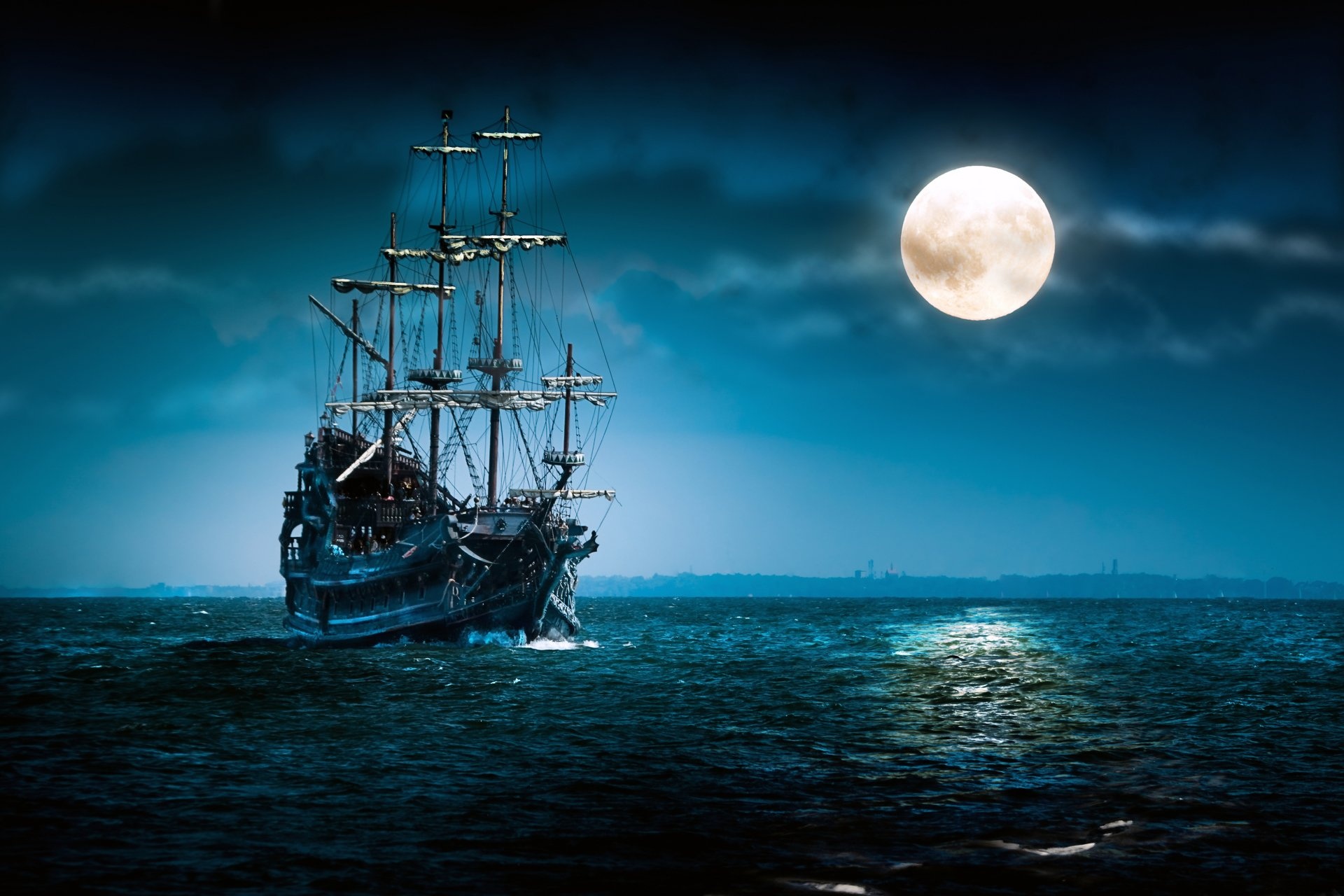 Wooden galleon pirate ship, Glowing full moon, Moonlit ocean waters, HD Desktop wallpaper