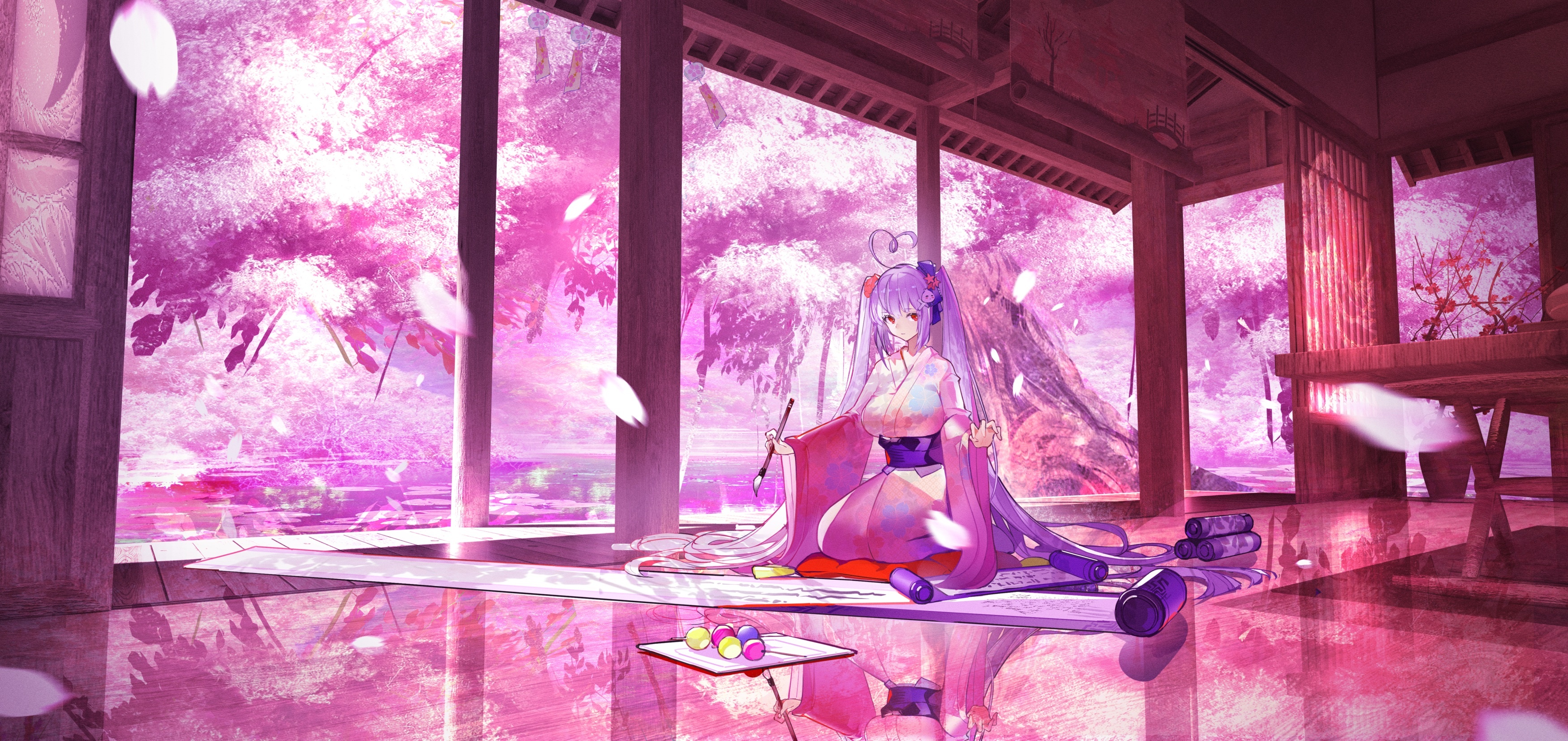Kneeling anime girl in kimono, Blooming cherry blossom trees, Traditional Japanese engawa veranda, Dual Screen Desktop wallpaper
