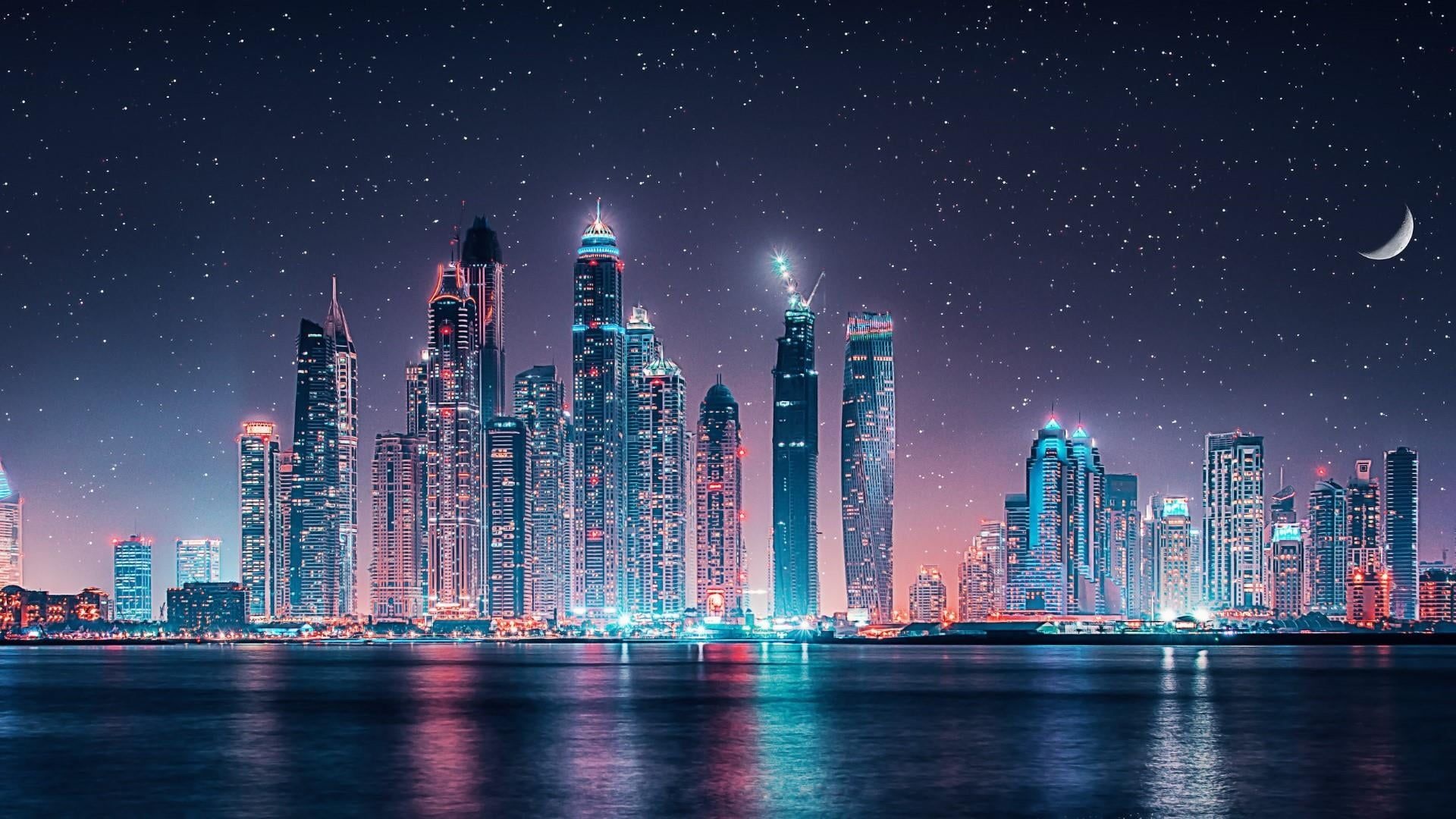 Dubai Marina skyline, Princess Tower, crescent moon starry sky, Full HD Desktop wallpaper