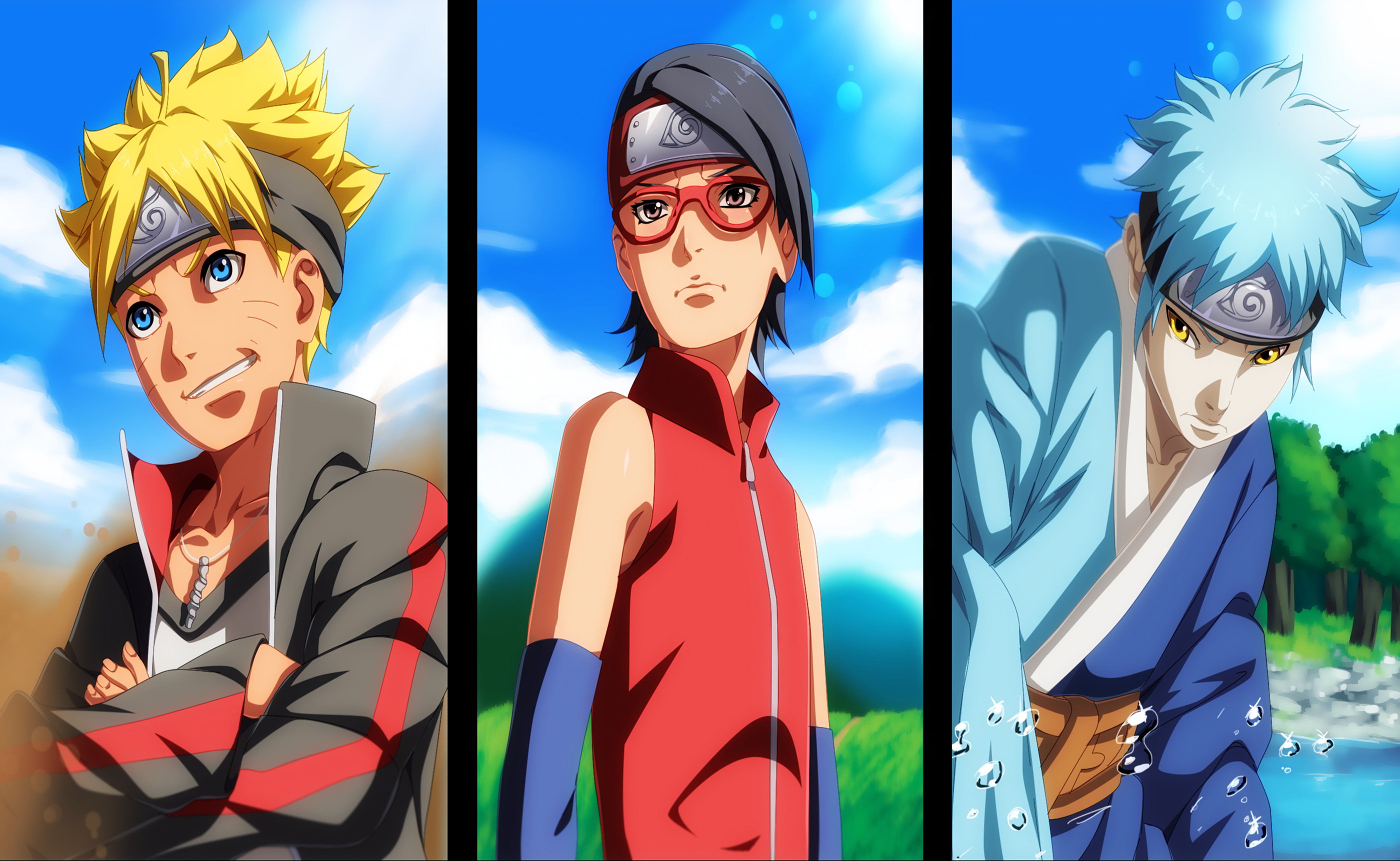 Boruto Uzumaki, Sarada Uchiha, Mitsuki, Triptych panels, Blue sky, HD Desktop wallpaper