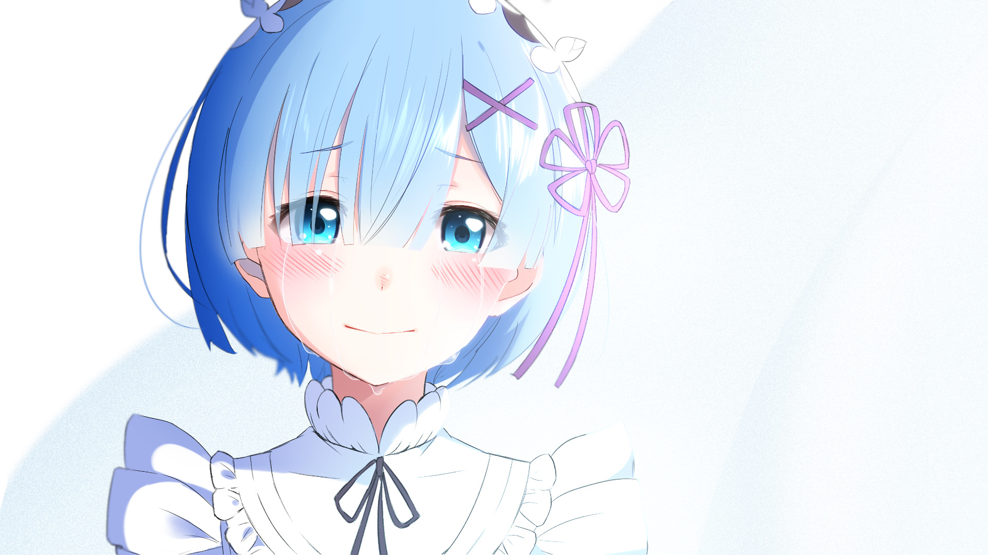 Rem from Re:Zero, Crying anime girl smile, Blue hair ribbon accessory, Full HD Desktop wallpaper