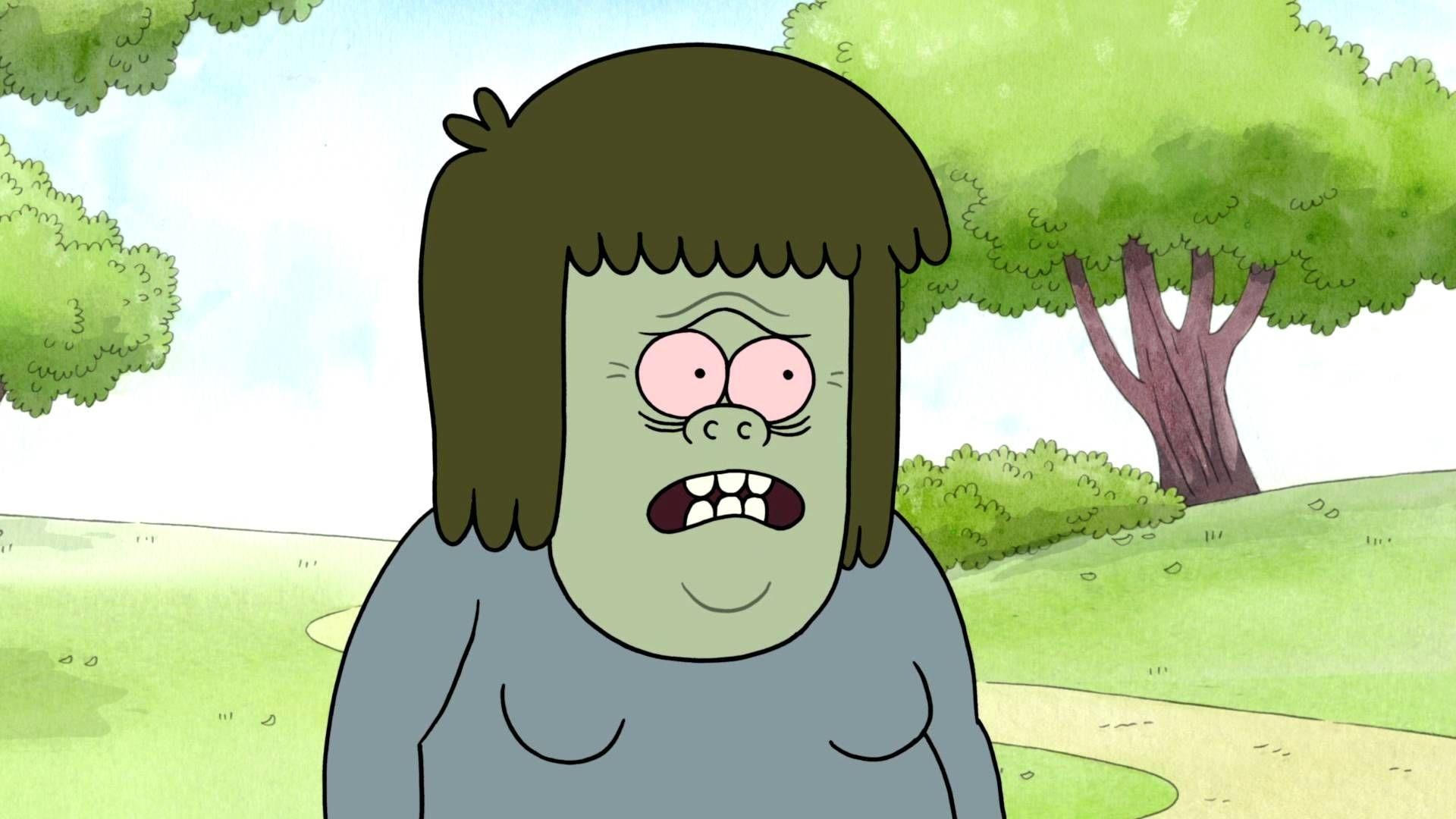 Muscle Man grimacing close-up, Grey T-shirt, Park trees and lawn, Regular Show, Full HD Desktop wallpaper