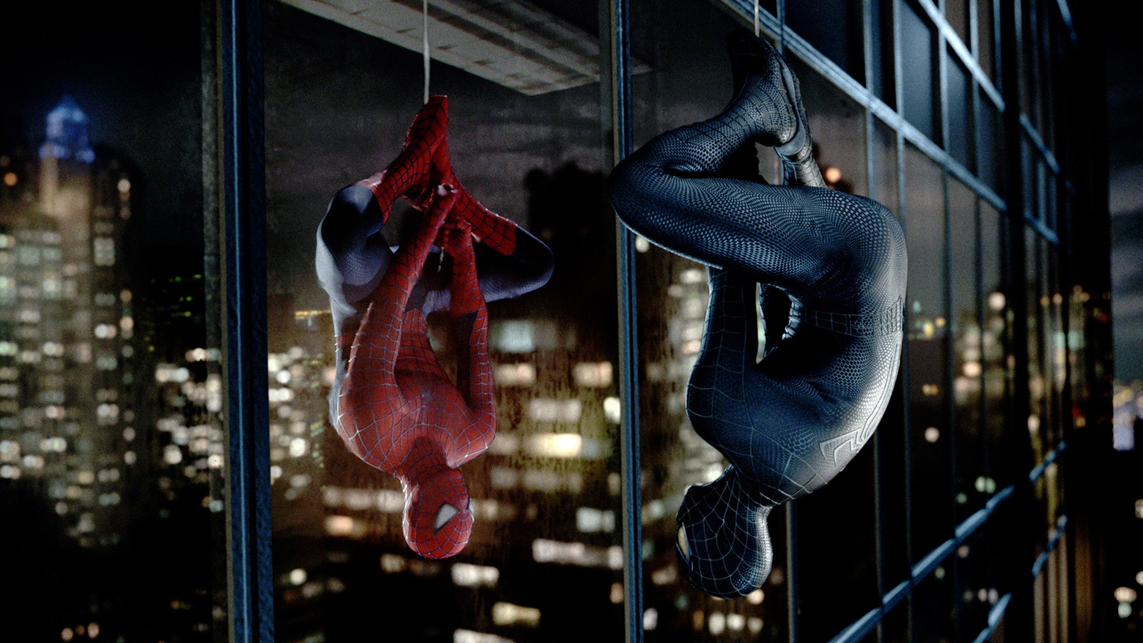 Spider-Man red suit, Symbiote Spider-Man, Nighttime city skyline, HD Desktop wallpaper