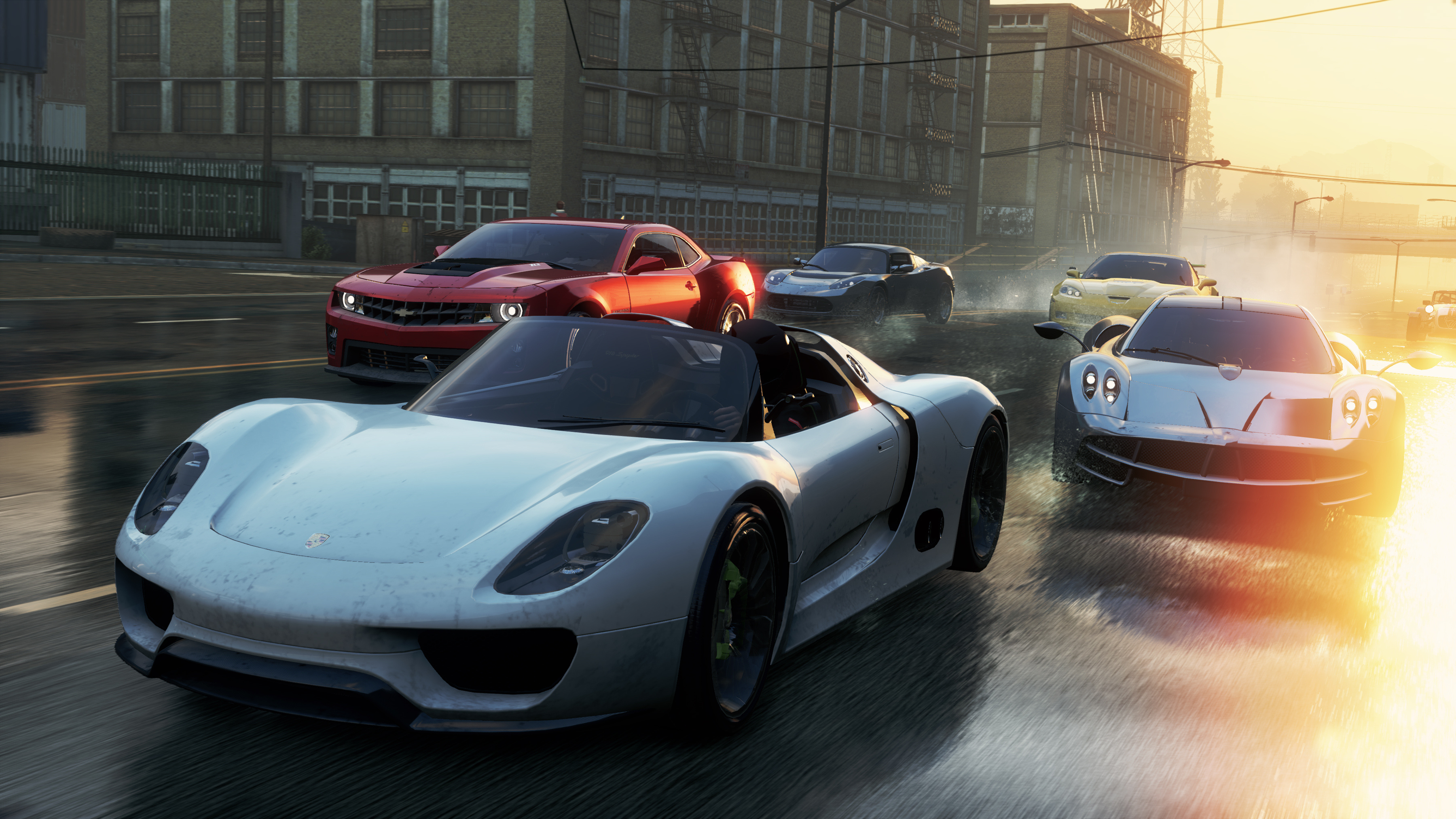 Porsche 918 Spyder Concept, Pagani Huayra, Chevrolet Camaro ZL1, wet city street race, HD Desktop wallpaper