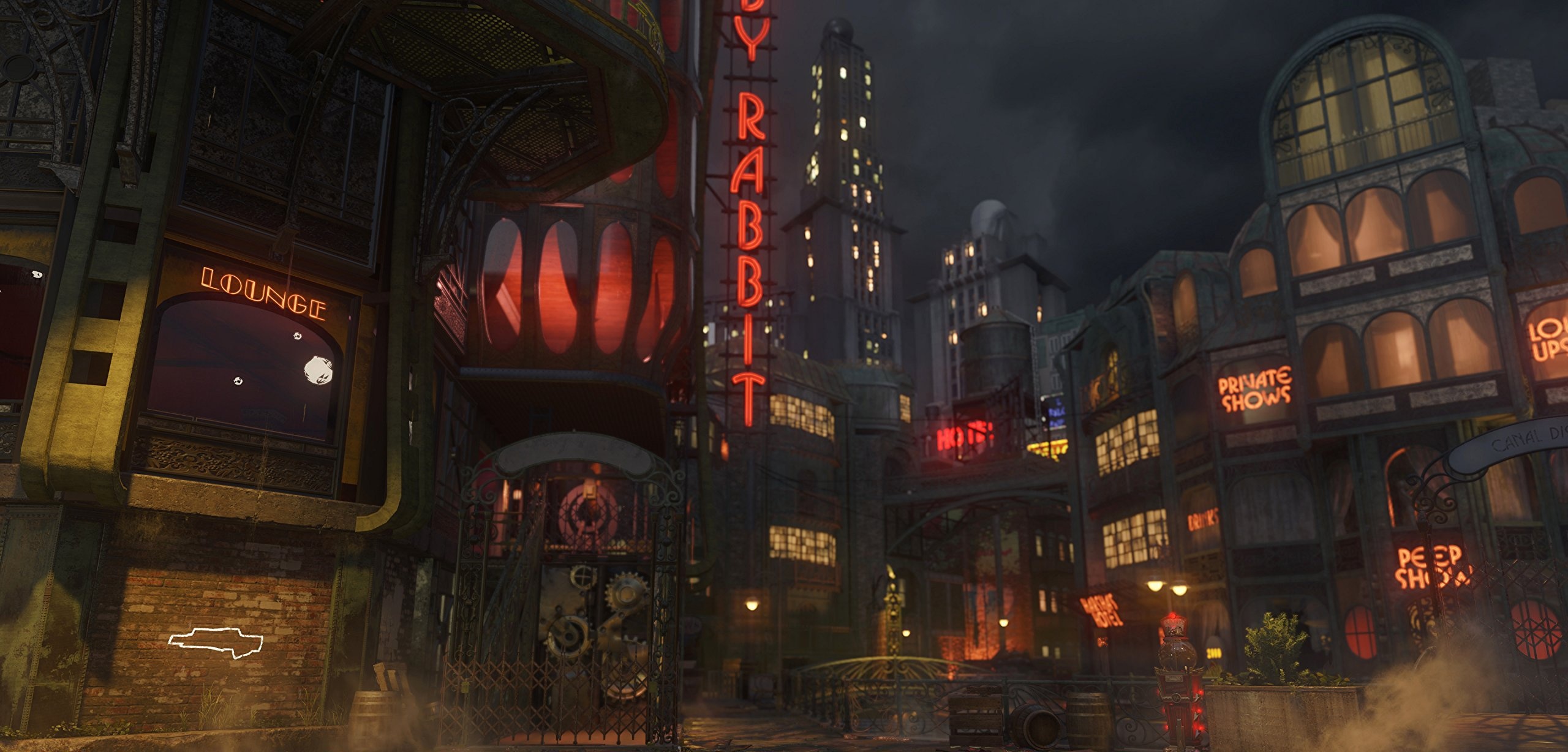 Shadows of Evil Footlight District, The Black Rabbit neon sign, Morg City 1940s cityscape, Dual Screen Desktop wallpaper