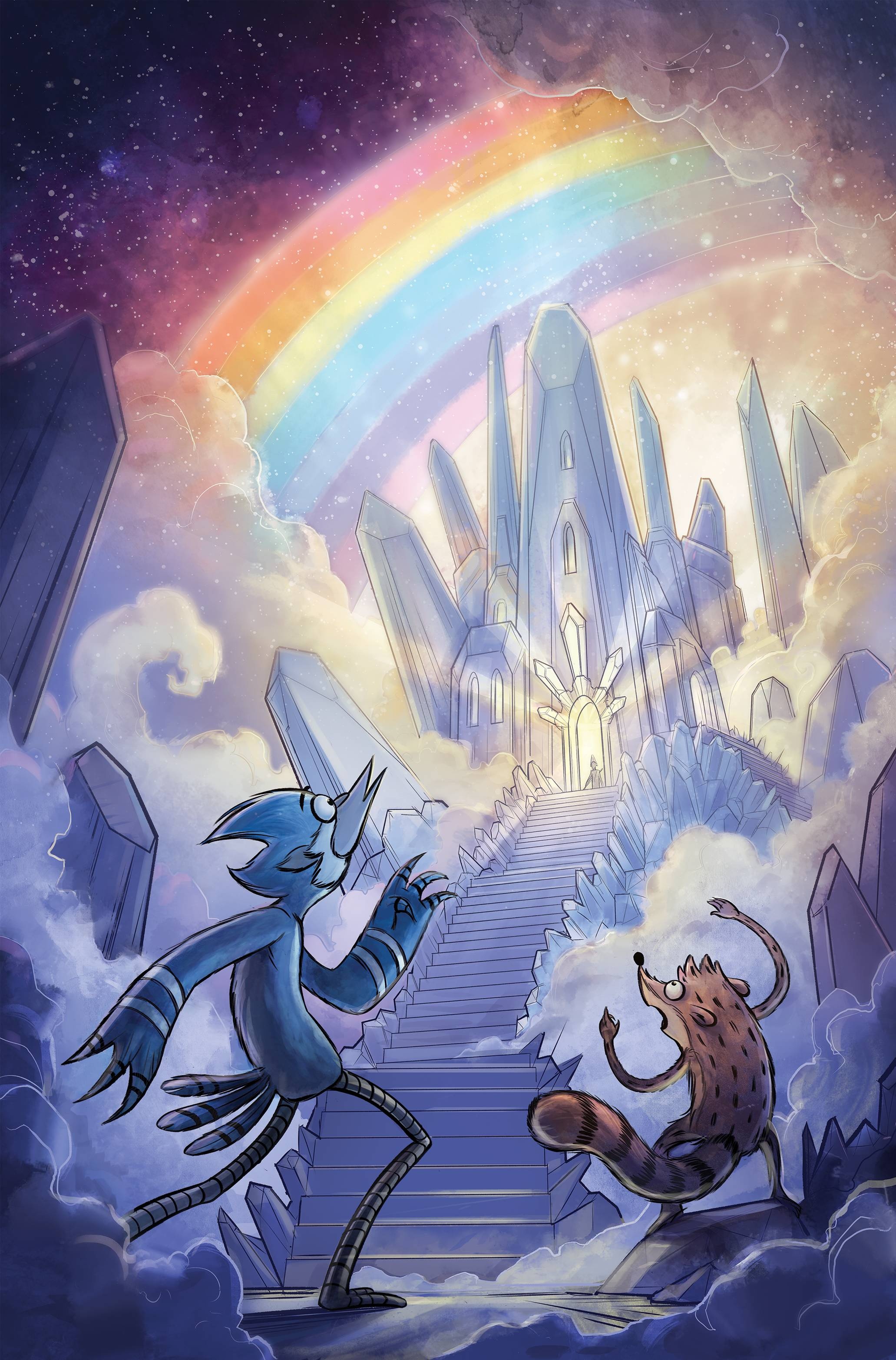 Mordecai on crystal stairway, Rigby raccoon, Crystal palace under a rainbow, Regular Show, HD Phone wallpaper