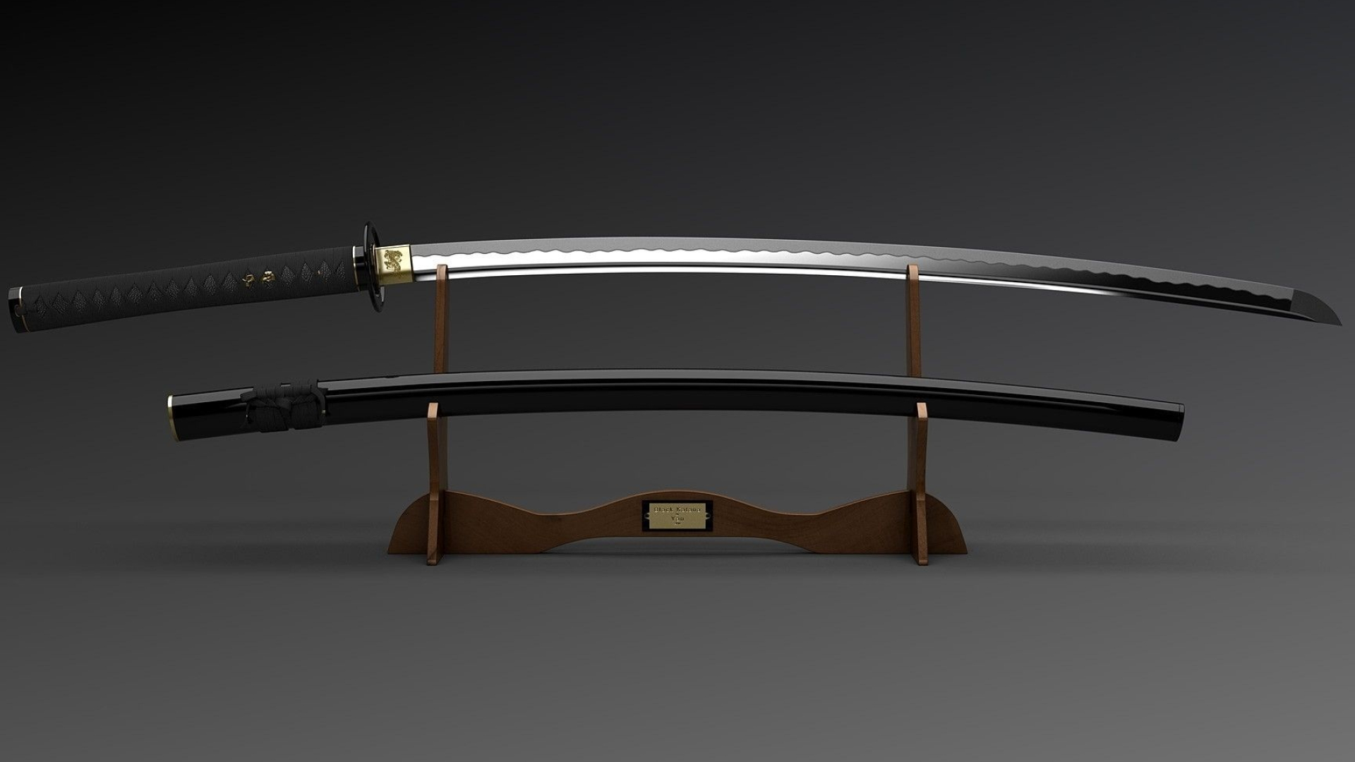 Katana samurai sword, Black lacquered saya scabbard, Wooden katana display stand, Full HD Desktop wallpaper