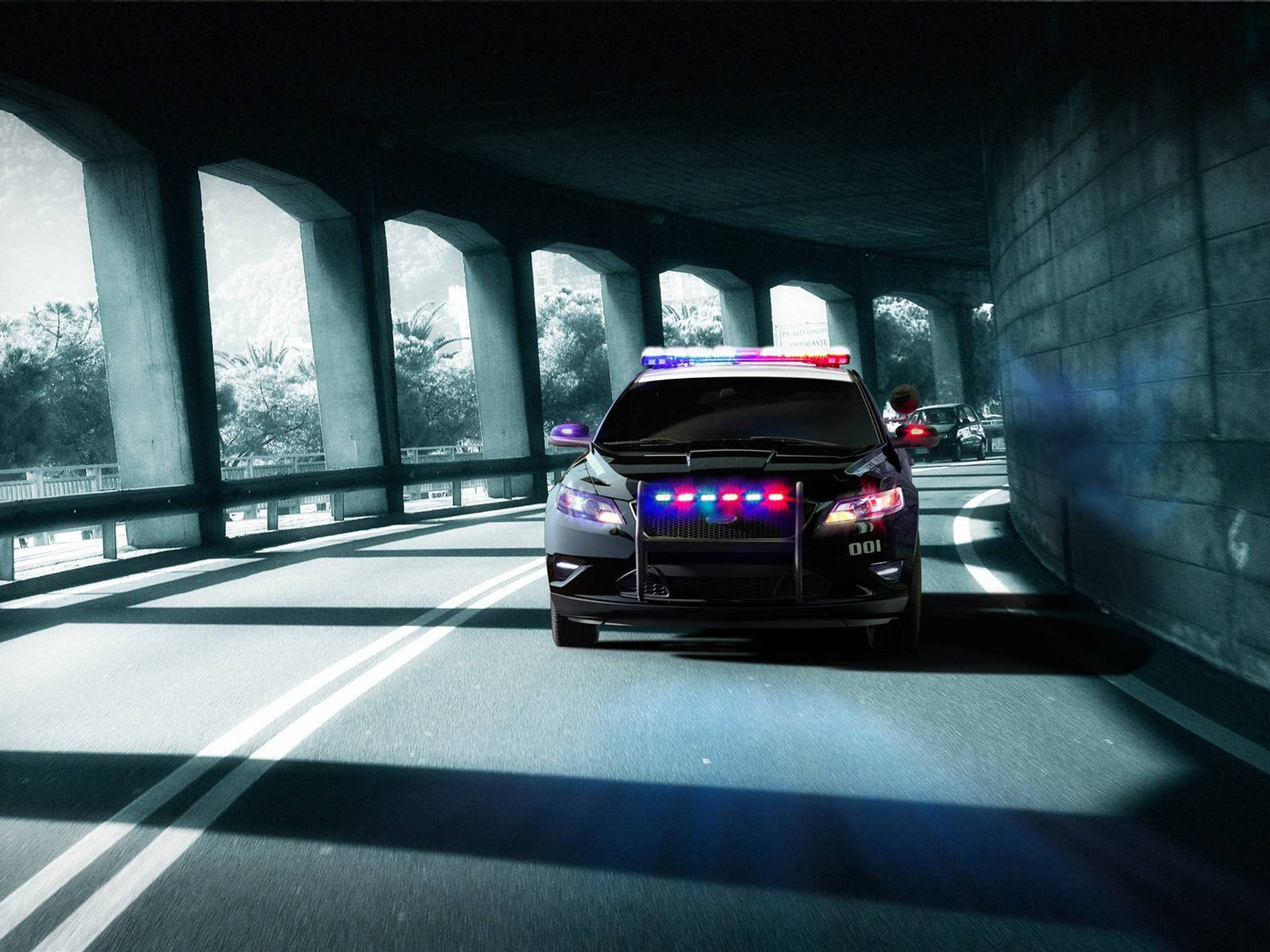Ford Police Interceptor Sedan, Flashing emergency strobe lights, Arched concrete tunnel road, HD Desktop wallpaper