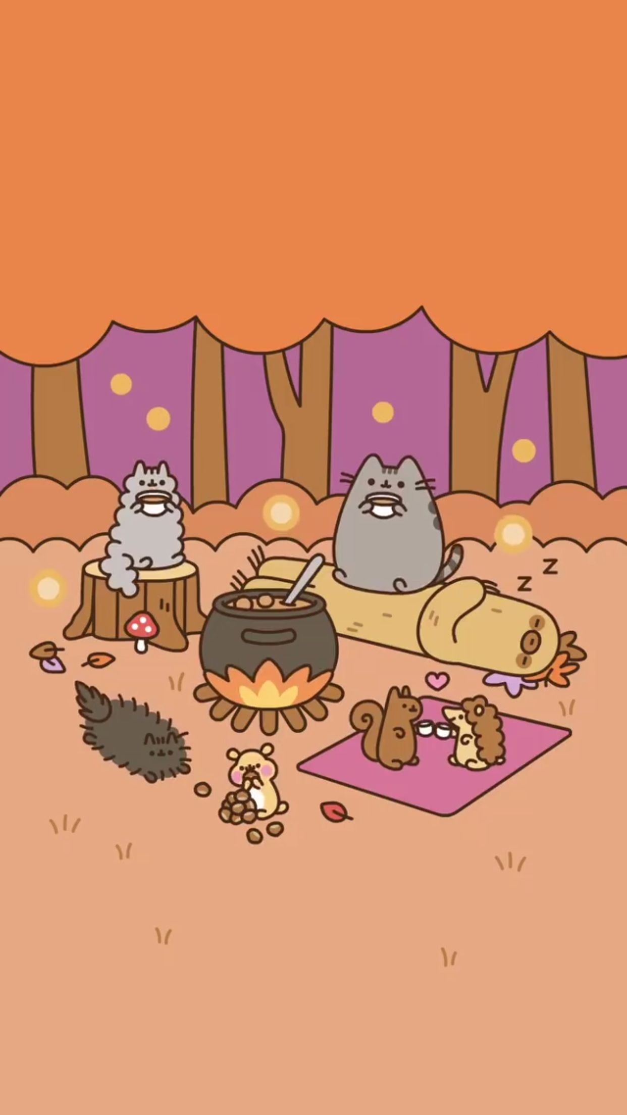 Pusheen, Stormy, Sloth, Pip, Autumn campfire scene, HD Phone wallpaper