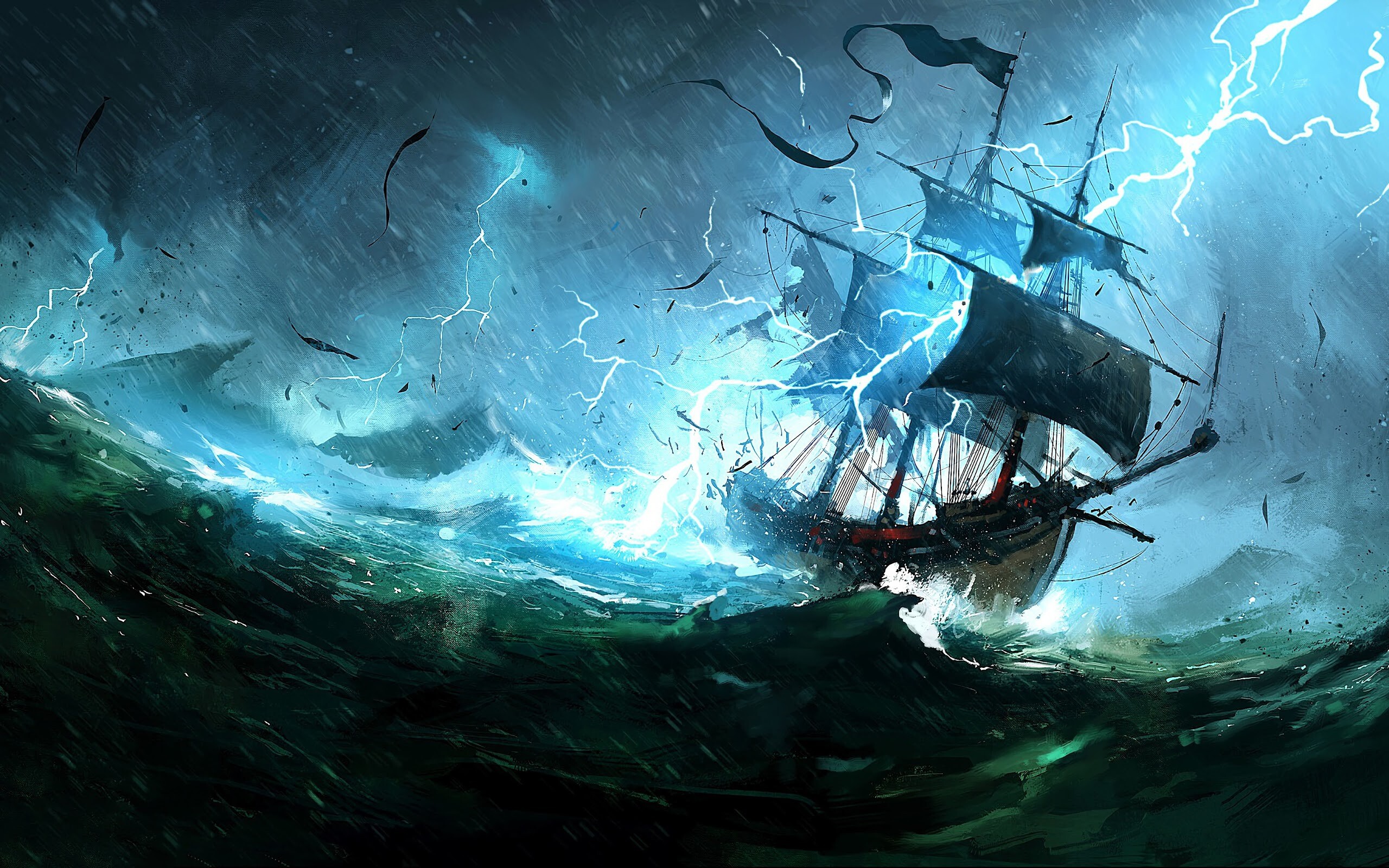 Ghost Ship, Medieval ship storm, 4K wallpaper, 2560x1600 HD Desktop